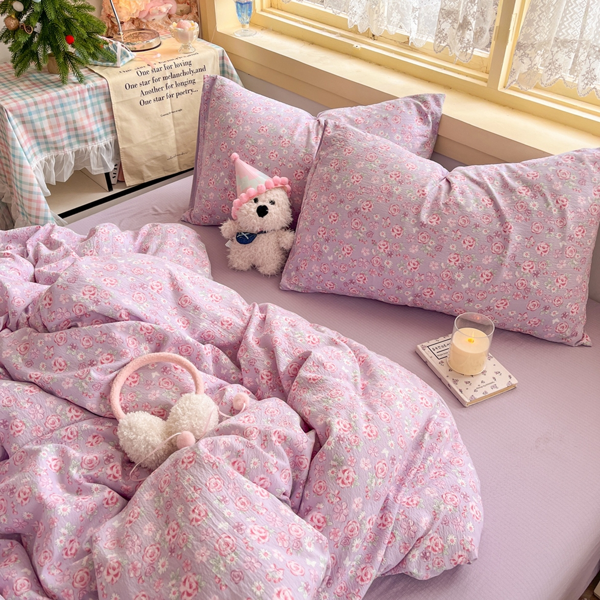 91家纺网 家纺一手货源 找家纺 玉海棠家纺 2025新款双层皱皱纱四件套 夕颜