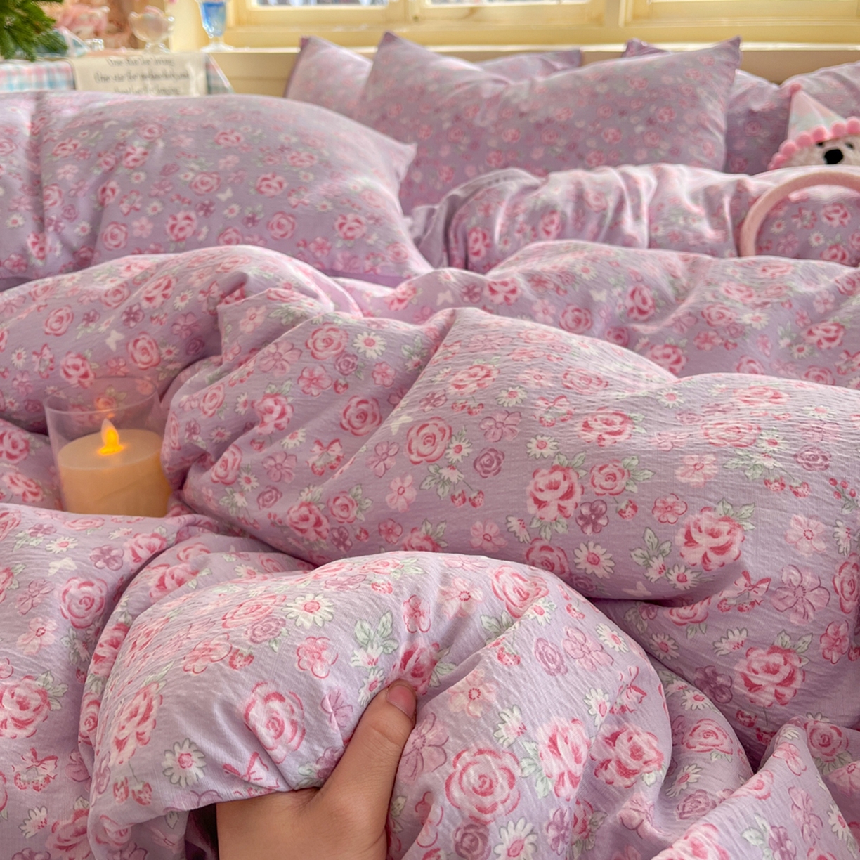 91家纺网 家纺一手货源 找家纺 玉海棠家纺 2025新款双层皱皱纱四件套 夕颜