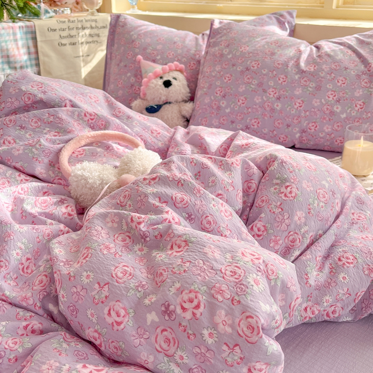 91家纺网 家纺一手货源 找家纺 玉海棠家纺 2025新款双层皱皱纱四件套 夕颜