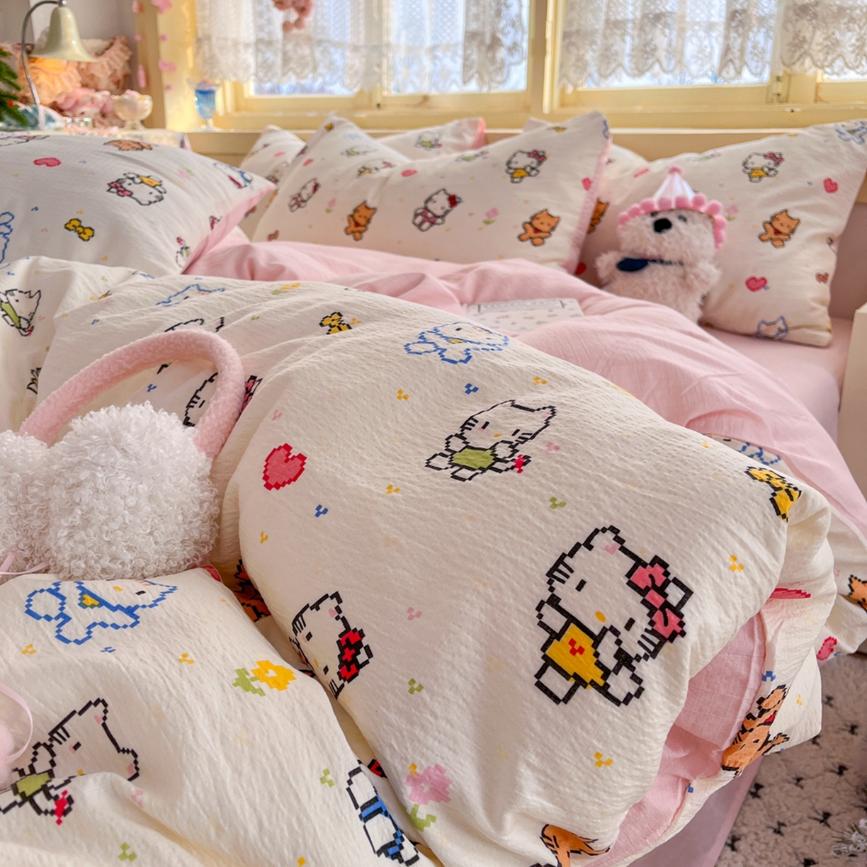 玉海棠家纺 2025新款双层皱皱纱四件套 像素猫咪