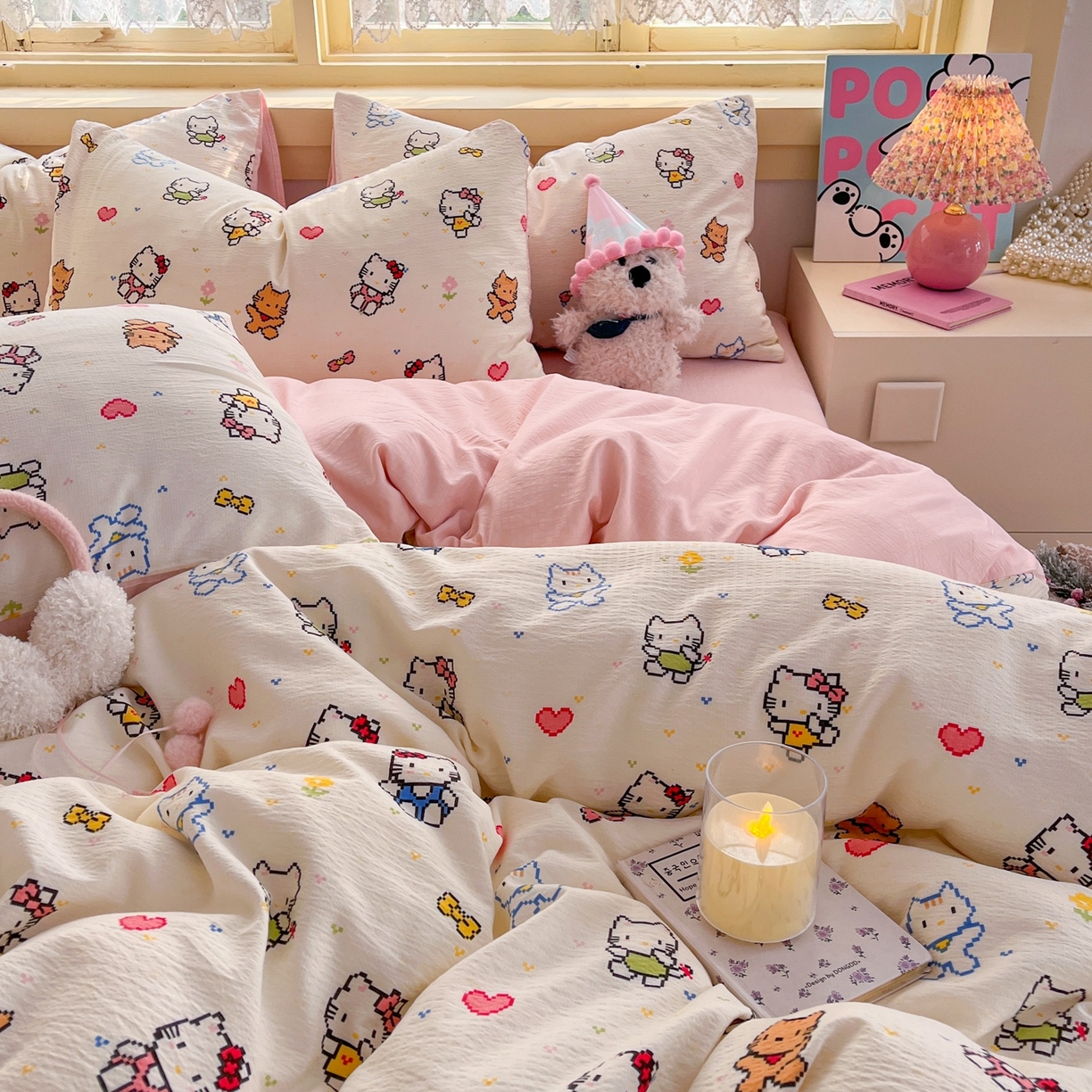 91家纺网 家纺一手货源 找家纺 玉海棠家纺 2025新款双层皱皱纱四件套 像素猫咪