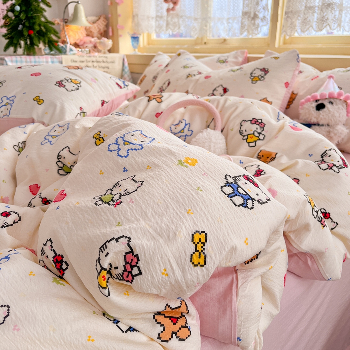 91家纺网 家纺一手货源 找家纺 玉海棠家纺 2025新款双层皱皱纱四件套 像素猫咪