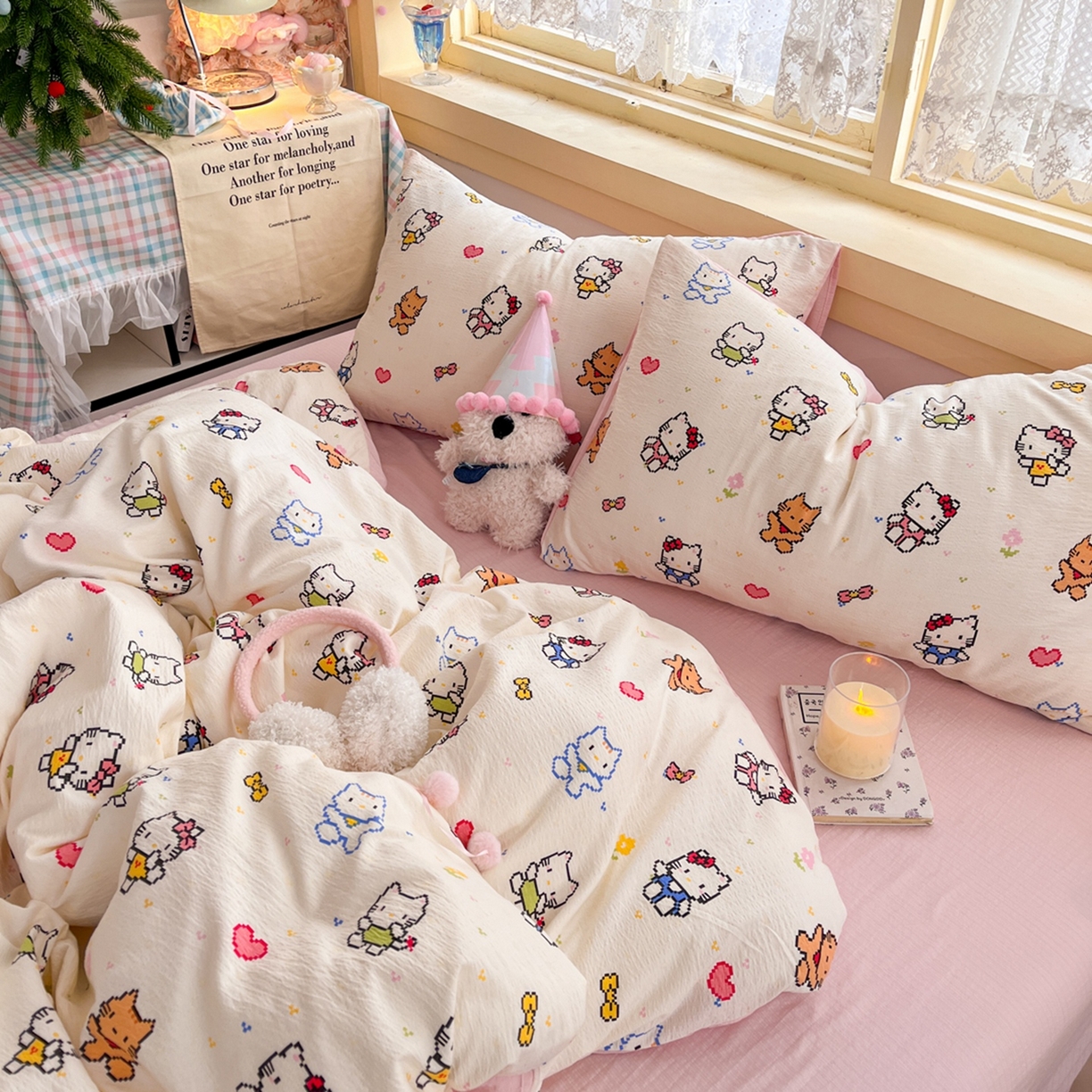 91家纺网 家纺一手货源 找家纺 玉海棠家纺 2025新款双层皱皱纱四件套 像素猫咪