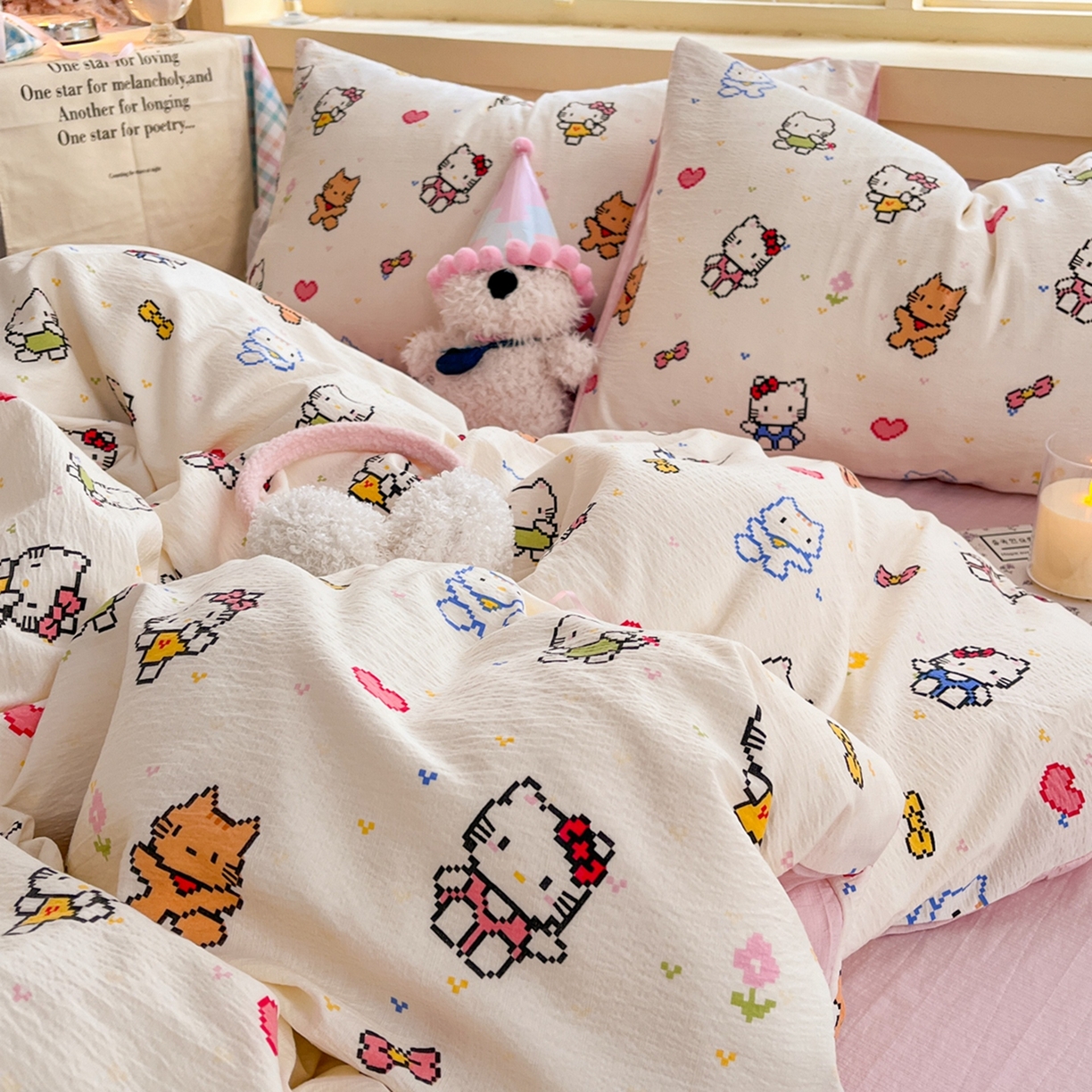 91家纺网 家纺一手货源 找家纺 玉海棠家纺 2025新款双层皱皱纱四件套 像素猫咪