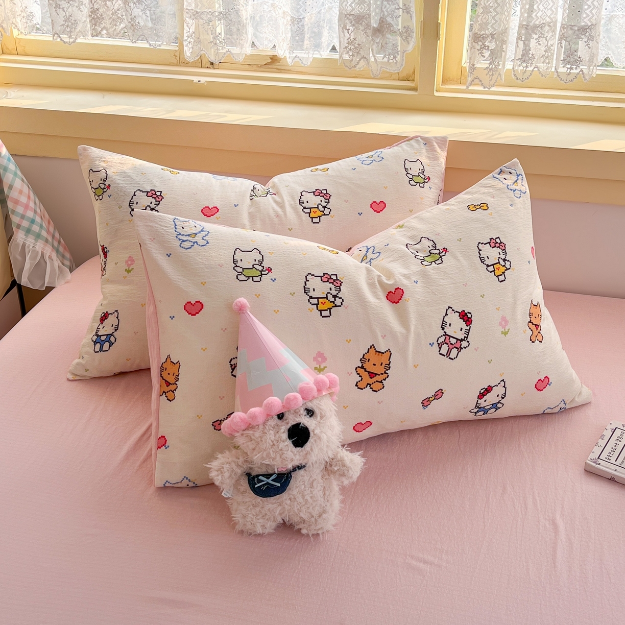 91家纺网 家纺一手货源 找家纺 玉海棠家纺 2025新款双层皱皱纱四件套 像素猫咪