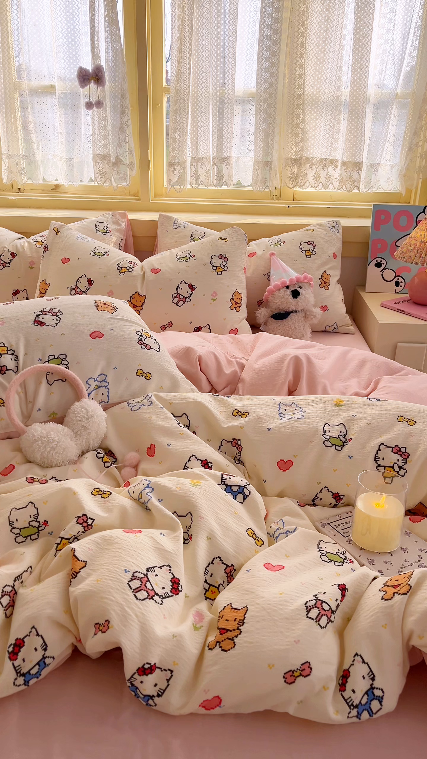 91家纺网 家纺一手货源 找家纺 玉海棠家纺 2025新款双层皱皱纱四件套 像素猫咪