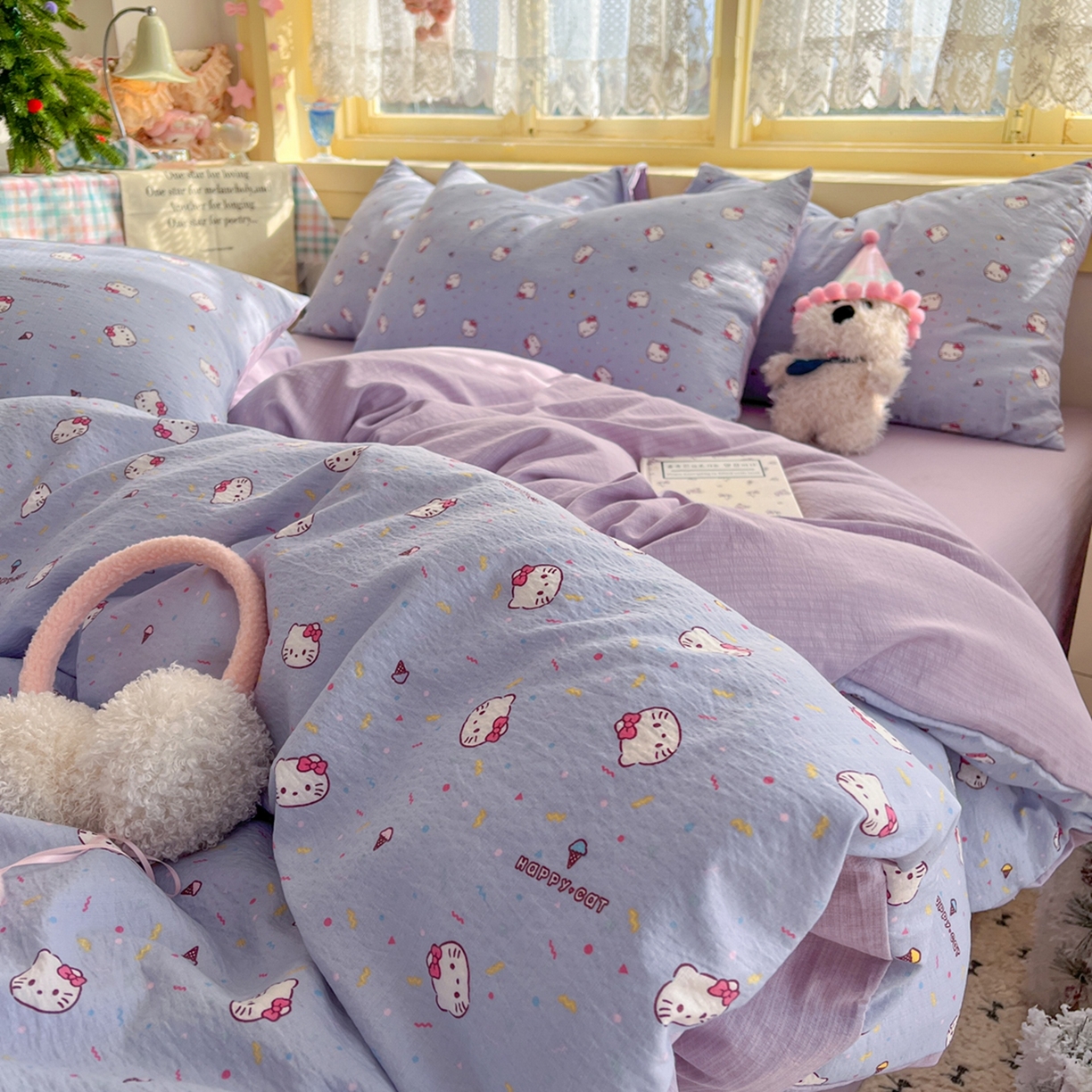 91家纺网 家纺一手货源 找家纺 玉海棠家纺 2025新款双层皱皱纱四件套 芝士小猫