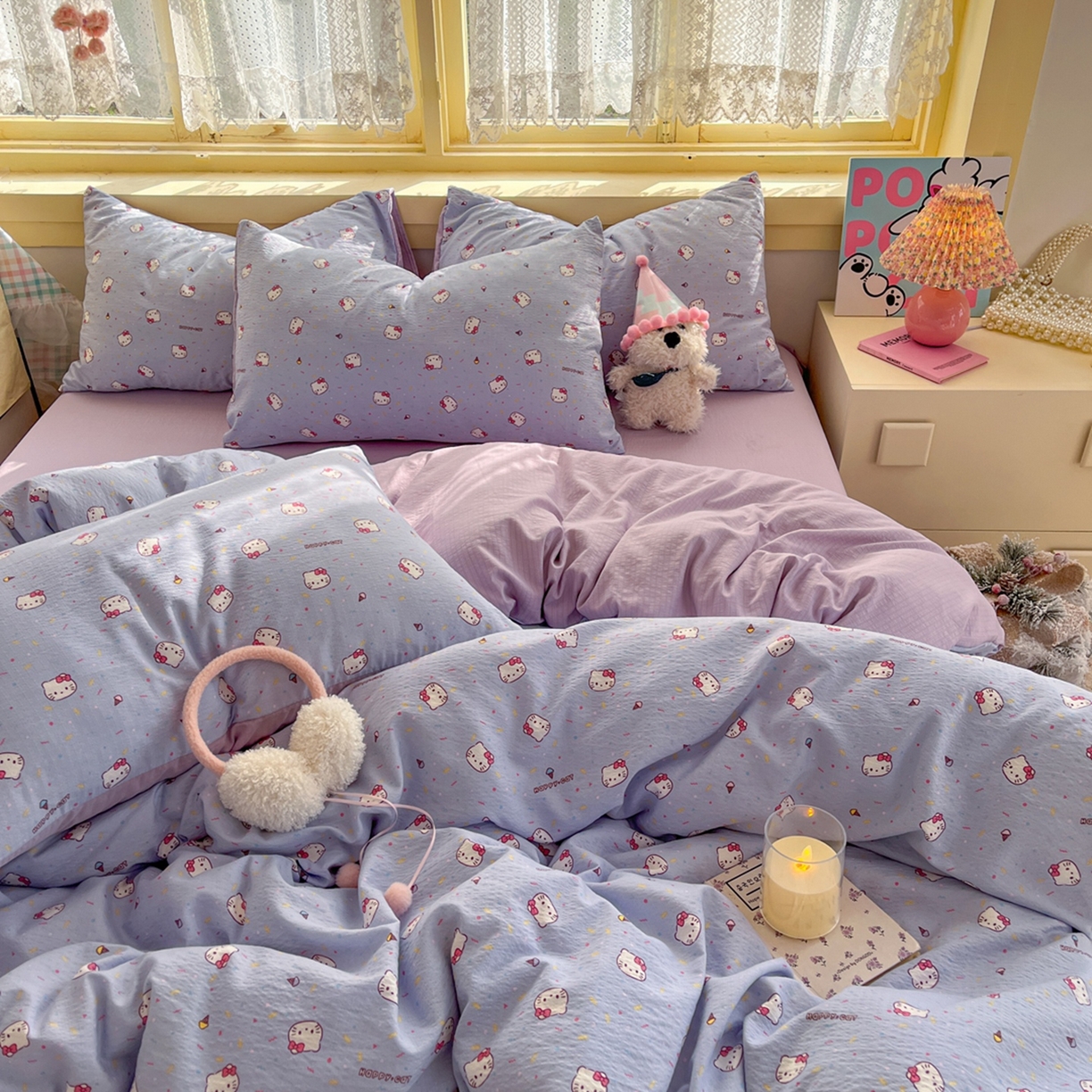 91家纺网 家纺一手货源 找家纺 玉海棠家纺 2025新款双层皱皱纱四件套 芝士小猫