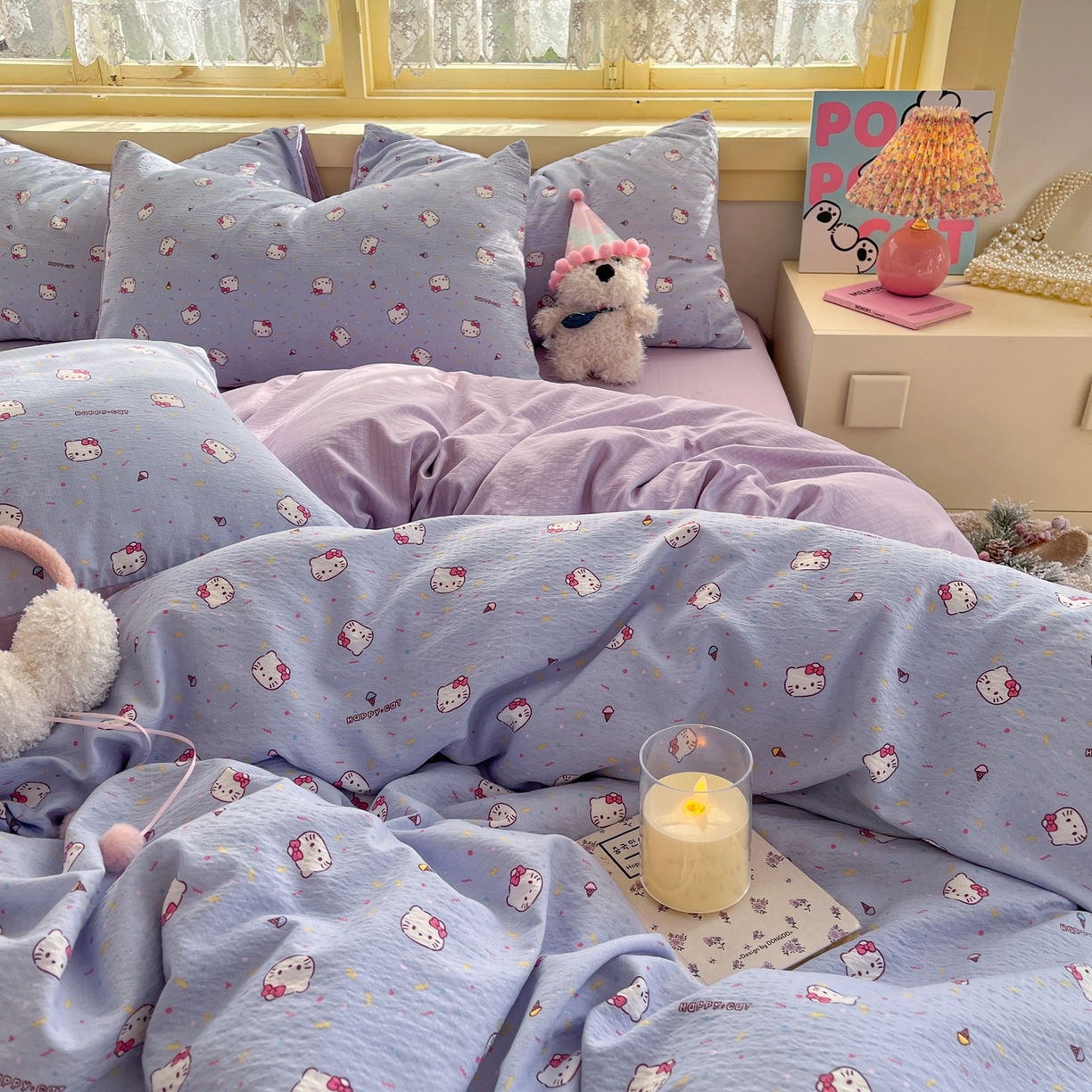 91家纺网 家纺一手货源 找家纺 玉海棠家纺 2025新款双层皱皱纱四件套 芝士小猫