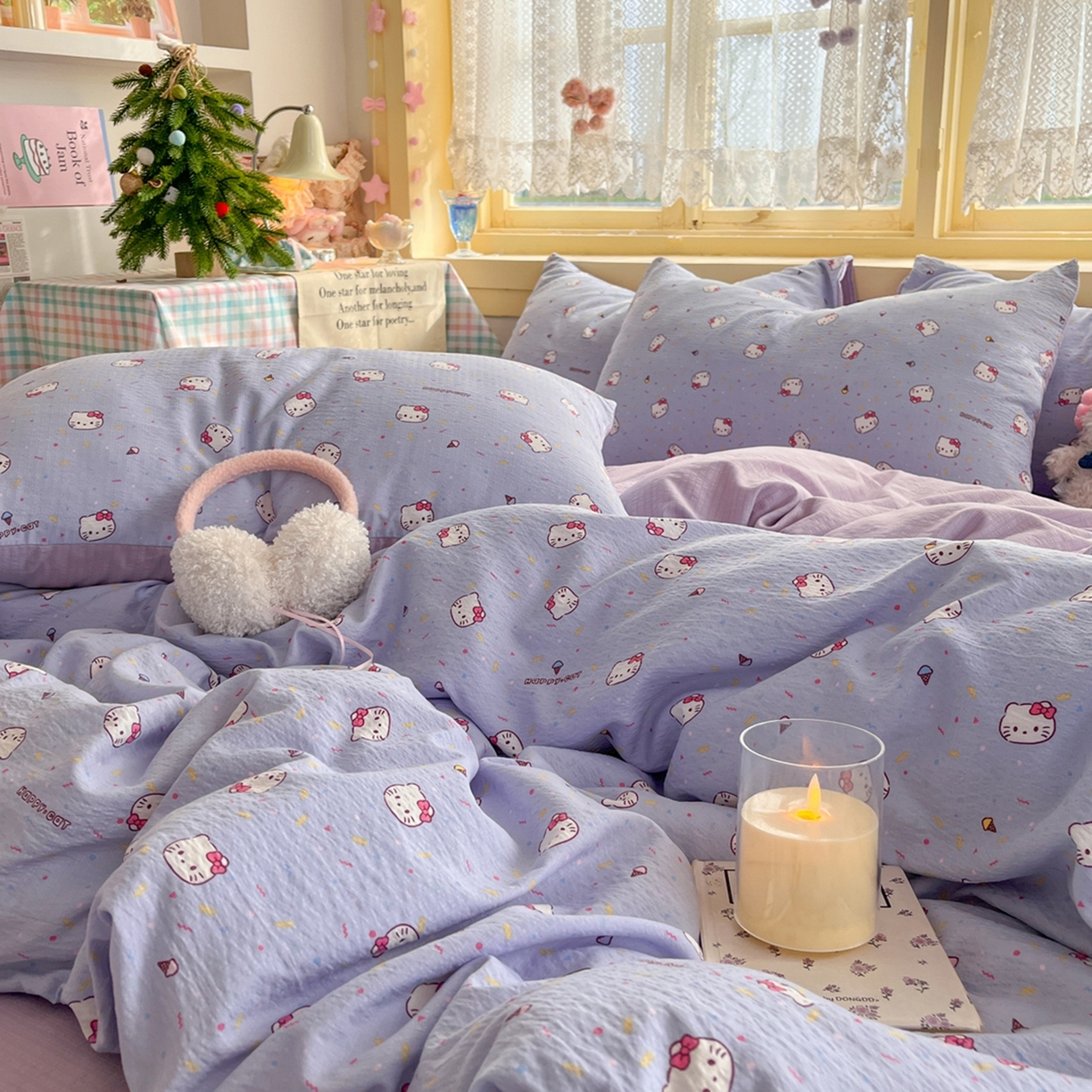 91家纺网 家纺一手货源 找家纺 玉海棠家纺 2025新款双层皱皱纱四件套 芝士小猫