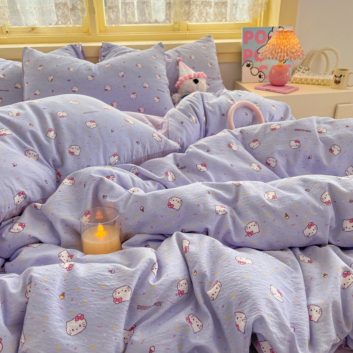 91家纺网 家纺一手货源 找家纺 玉海棠家纺 2025新款双层皱皱纱四件套 芝士小猫