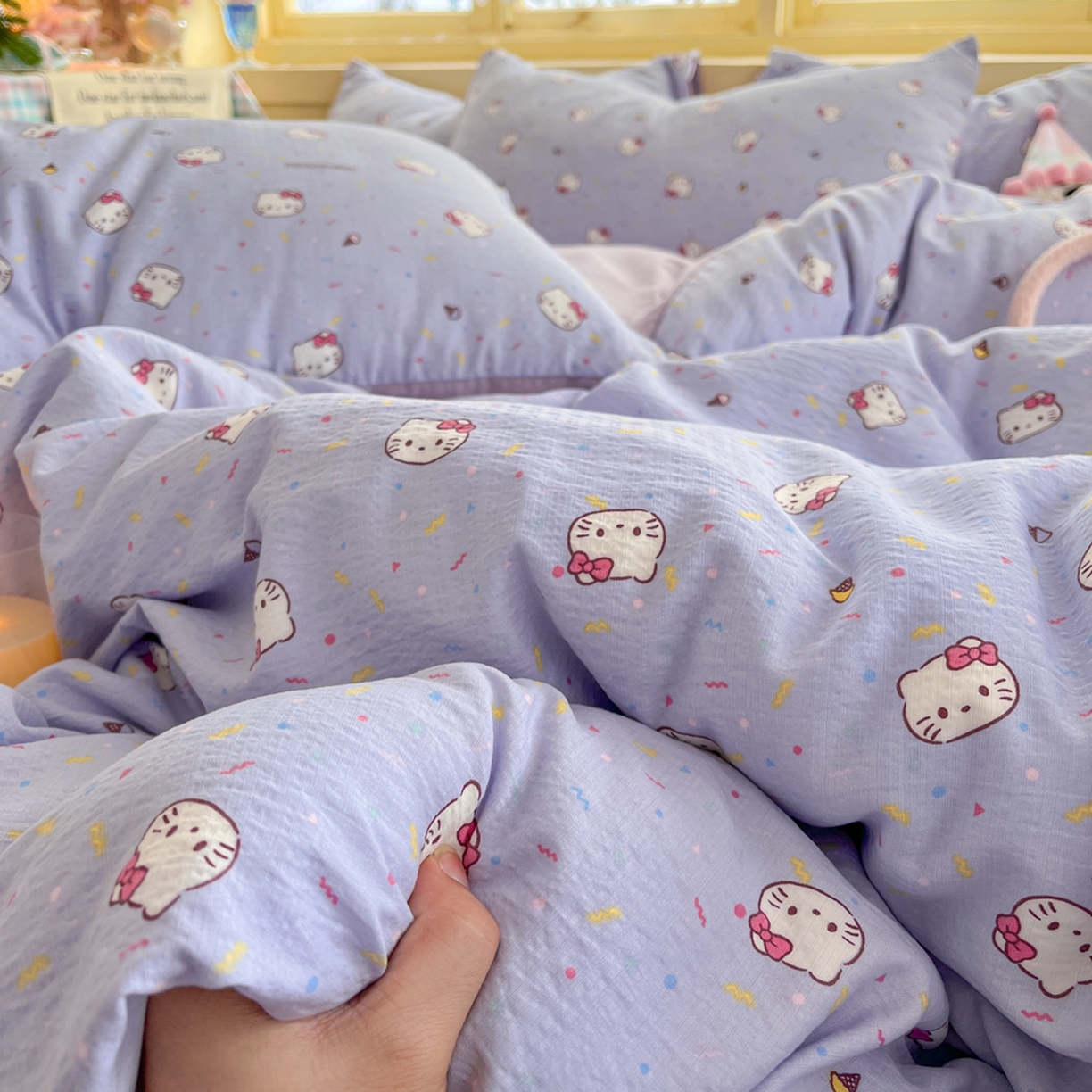 91家纺网 家纺一手货源 找家纺 玉海棠家纺 2025新款双层皱皱纱四件套 芝士小猫