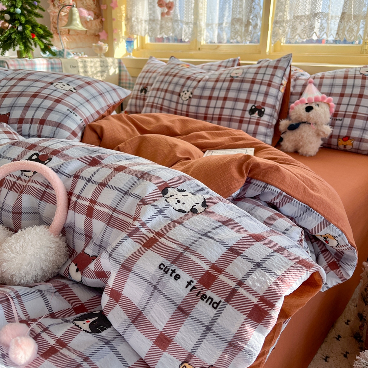 91家纺网 家纺一手货源 找家纺 玉海棠家纺 2025新款双层皱皱纱四件套 动物王国