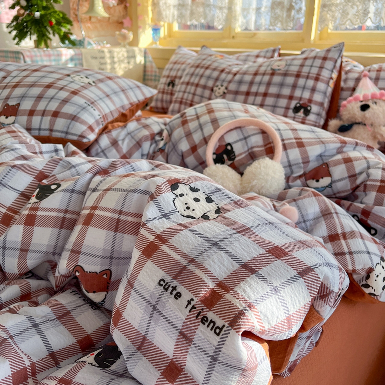 91家纺网 家纺一手货源 找家纺 玉海棠家纺 2025新款双层皱皱纱四件套 动物王国