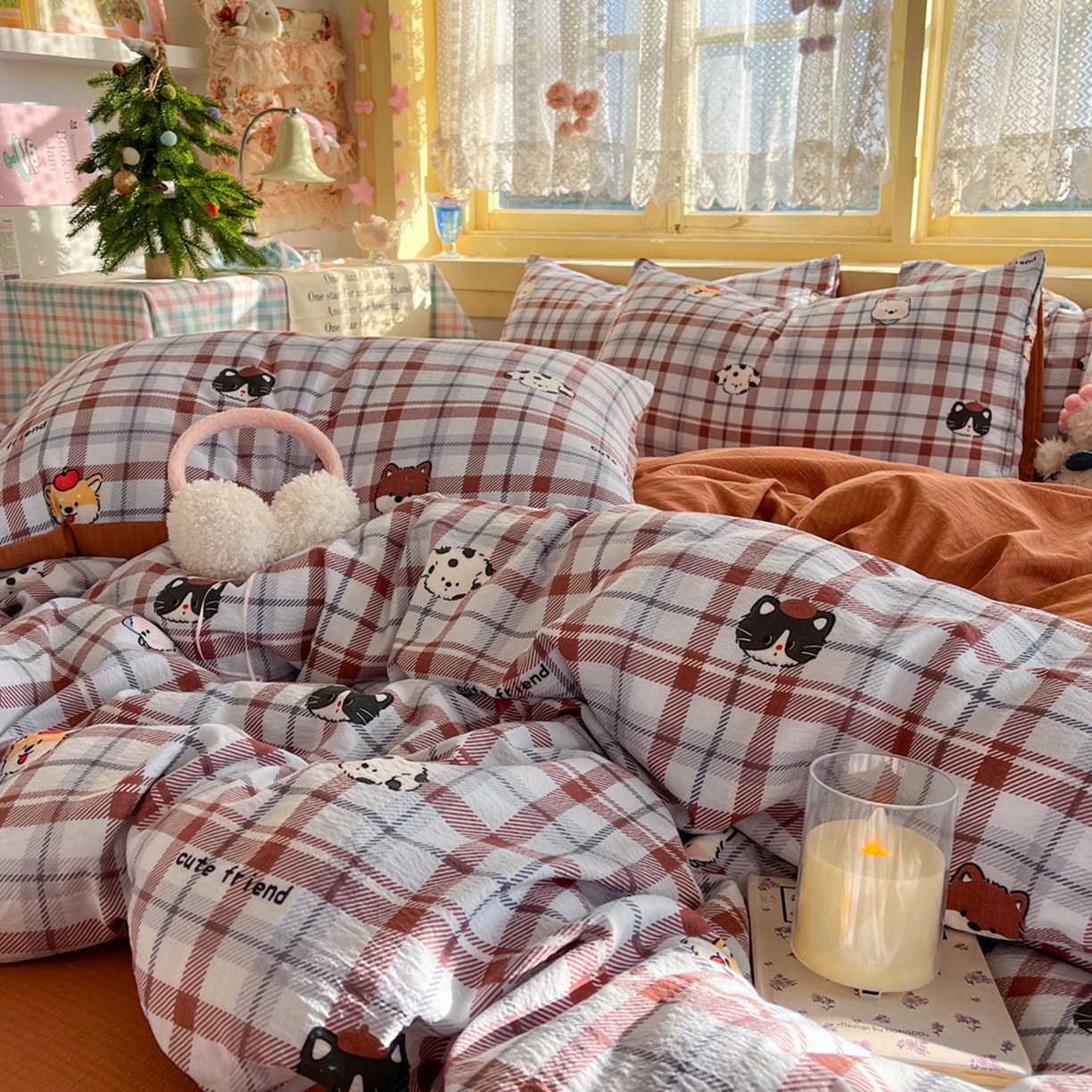 91家纺网 家纺一手货源 找家纺 玉海棠家纺 2025新款双层皱皱纱四件套 动物王国