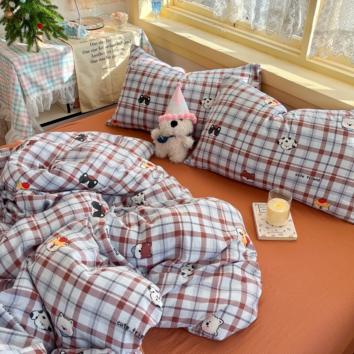 91家纺网 家纺一手货源 找家纺 玉海棠家纺 2025新款双层皱皱纱四件套 动物王国