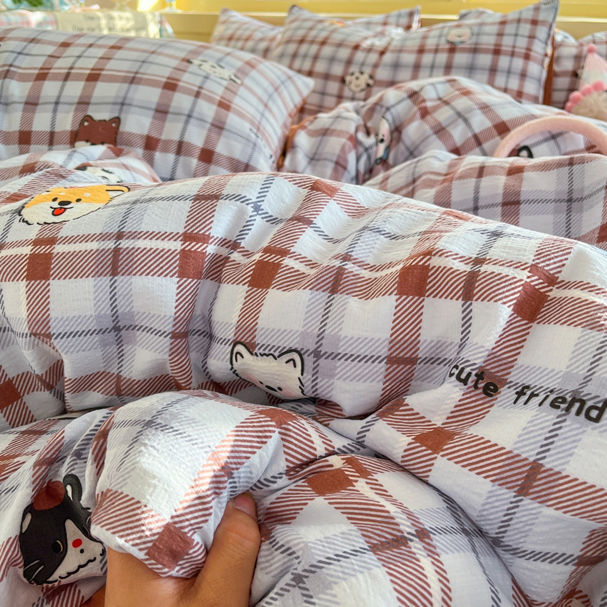 91家纺网 家纺一手货源 找家纺 玉海棠家纺 2025新款双层皱皱纱四件套 动物王国