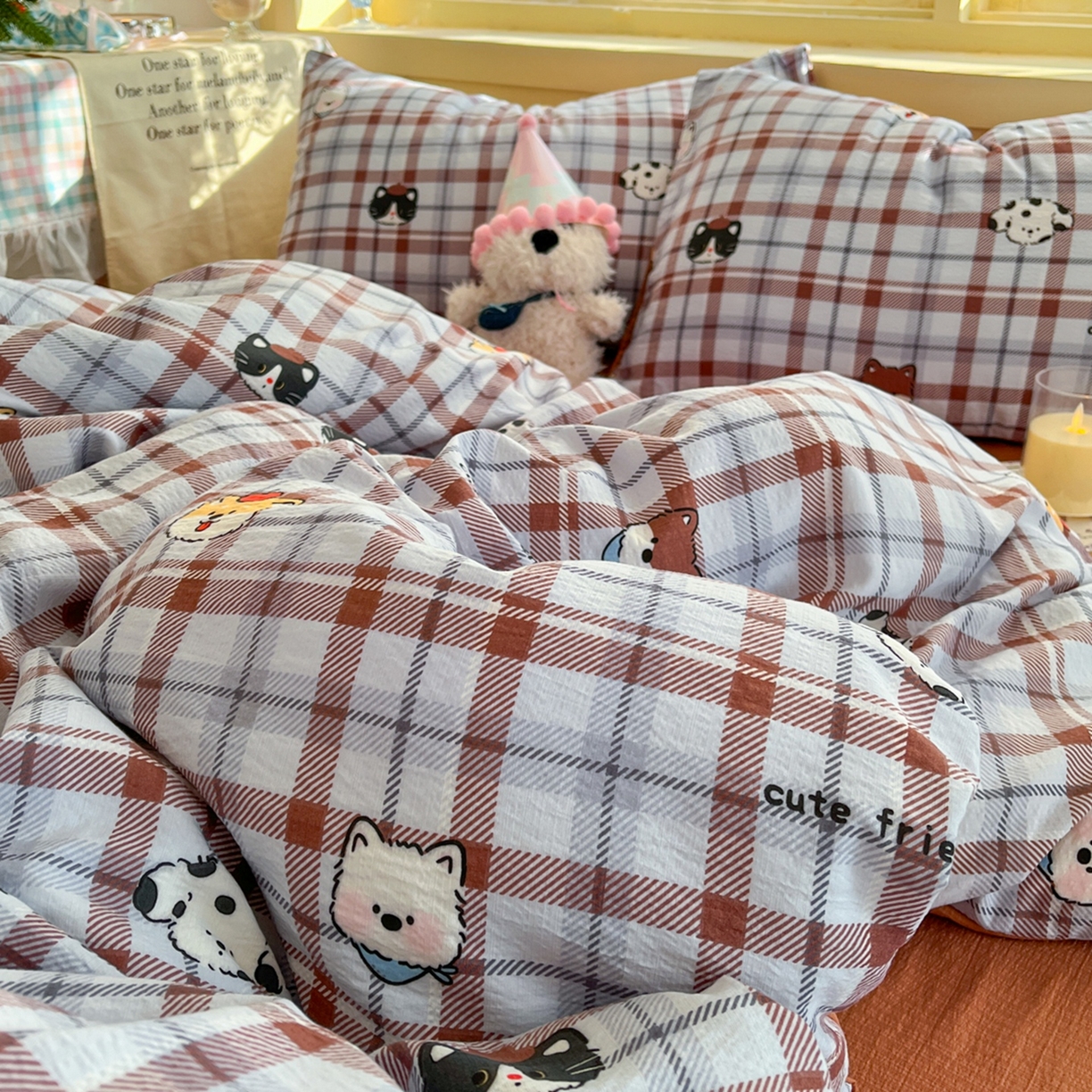 91家纺网 家纺一手货源 找家纺 玉海棠家纺 2025新款双层皱皱纱四件套 动物王国