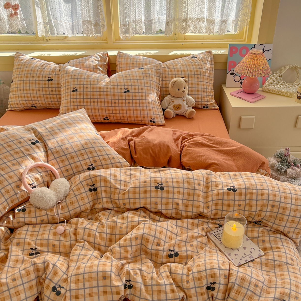 91家纺网 家纺一手货源 找家纺 玉海棠家纺 2025新款双层皱皱纱四件套 焦糖樱桃