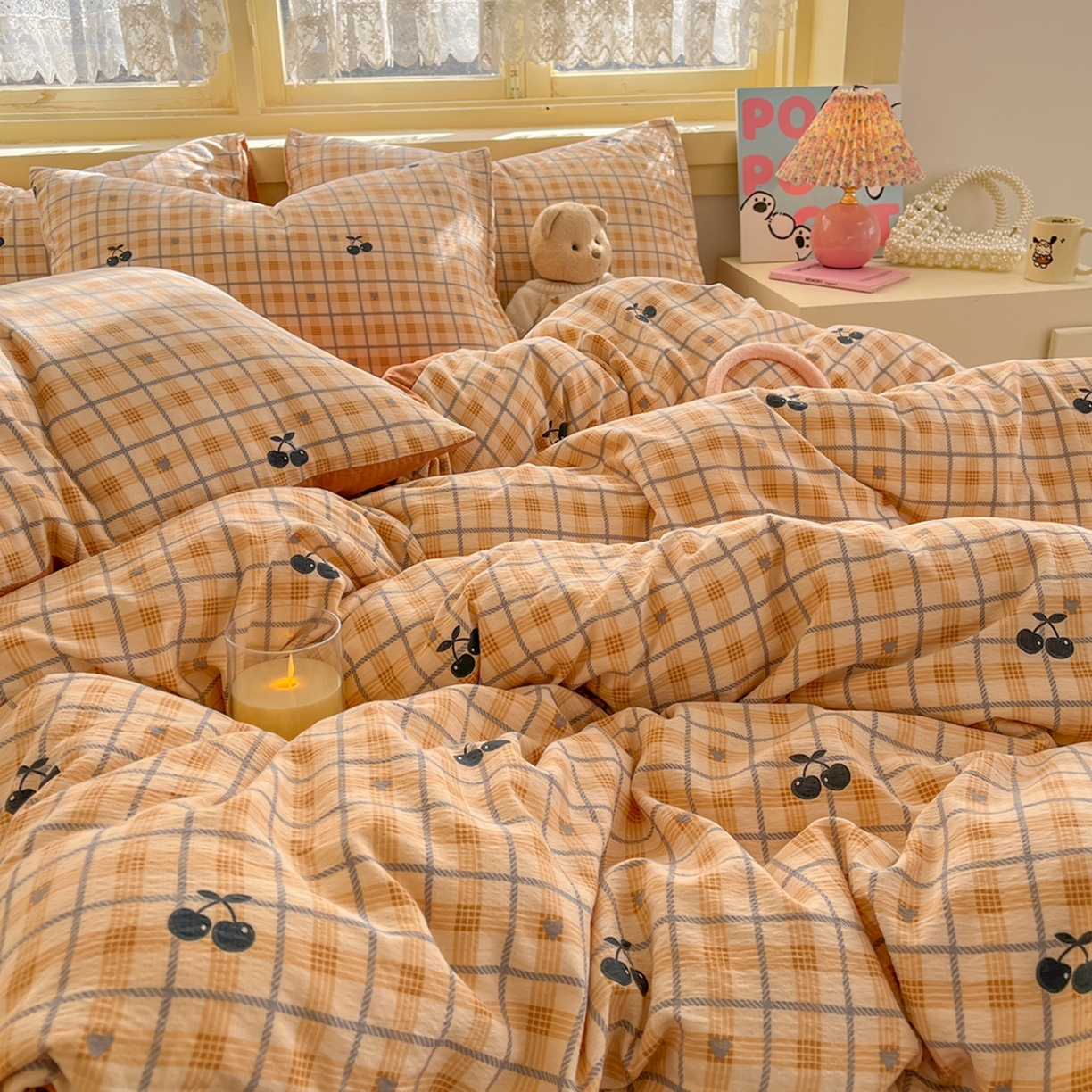 91家纺网 家纺一手货源 找家纺 玉海棠家纺 2025新款双层皱皱纱四件套 焦糖樱桃