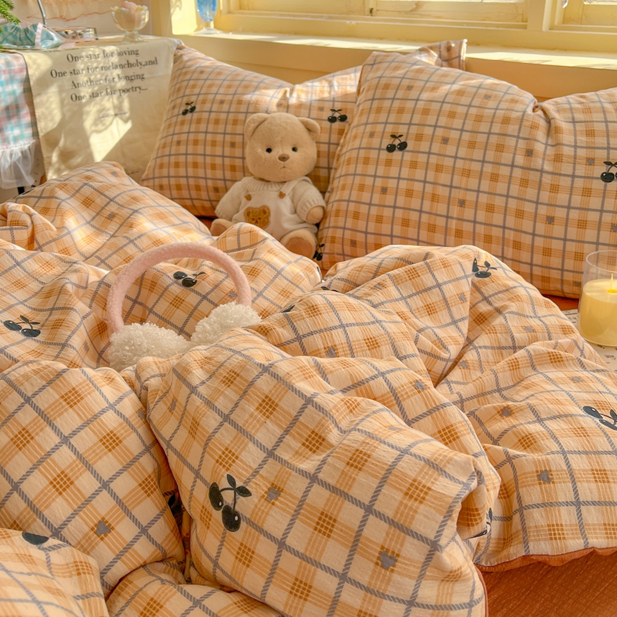 91家纺网 家纺一手货源 找家纺 玉海棠家纺 2025新款双层皱皱纱四件套 焦糖樱桃