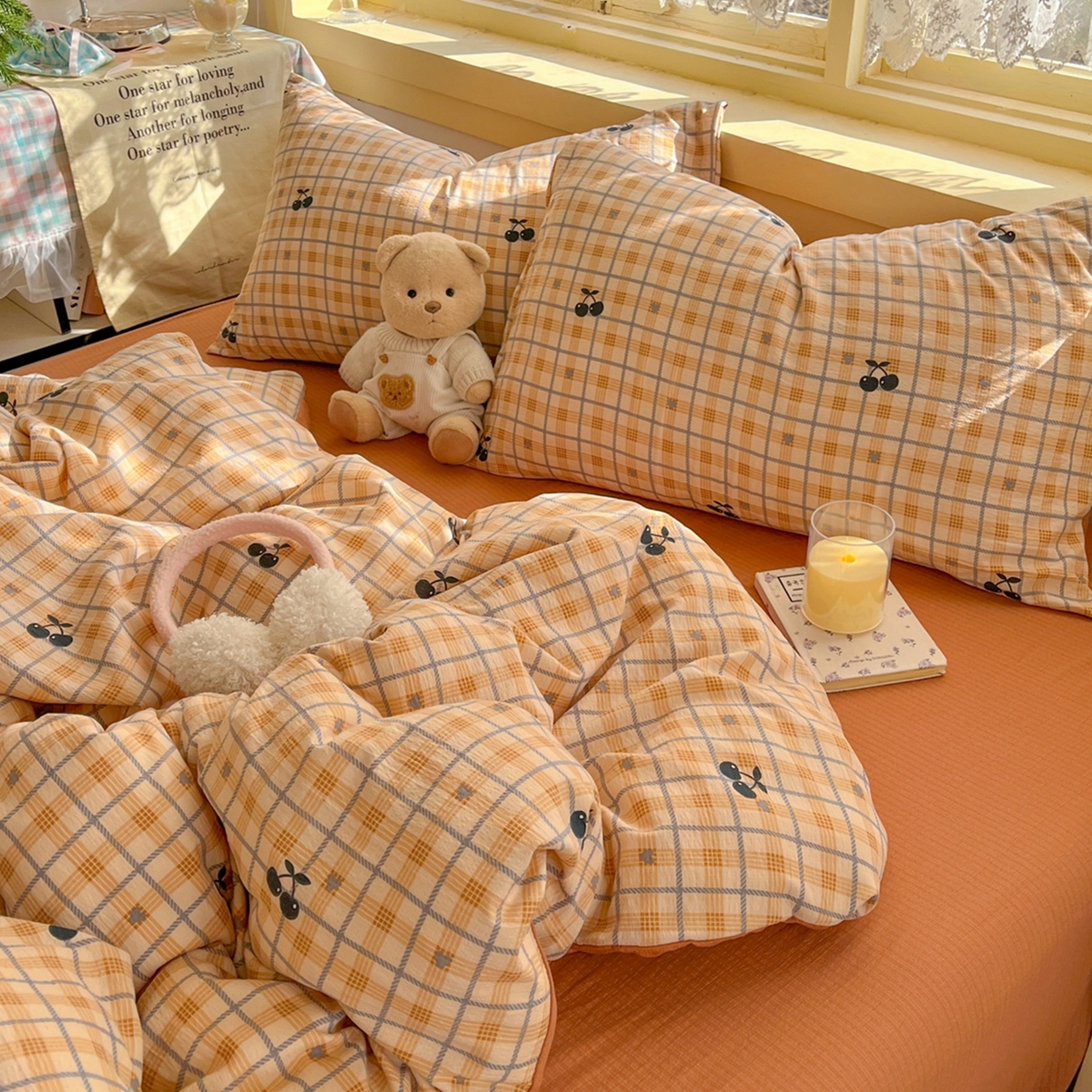 91家纺网 家纺一手货源 找家纺 玉海棠家纺 2025新款双层皱皱纱四件套 焦糖樱桃