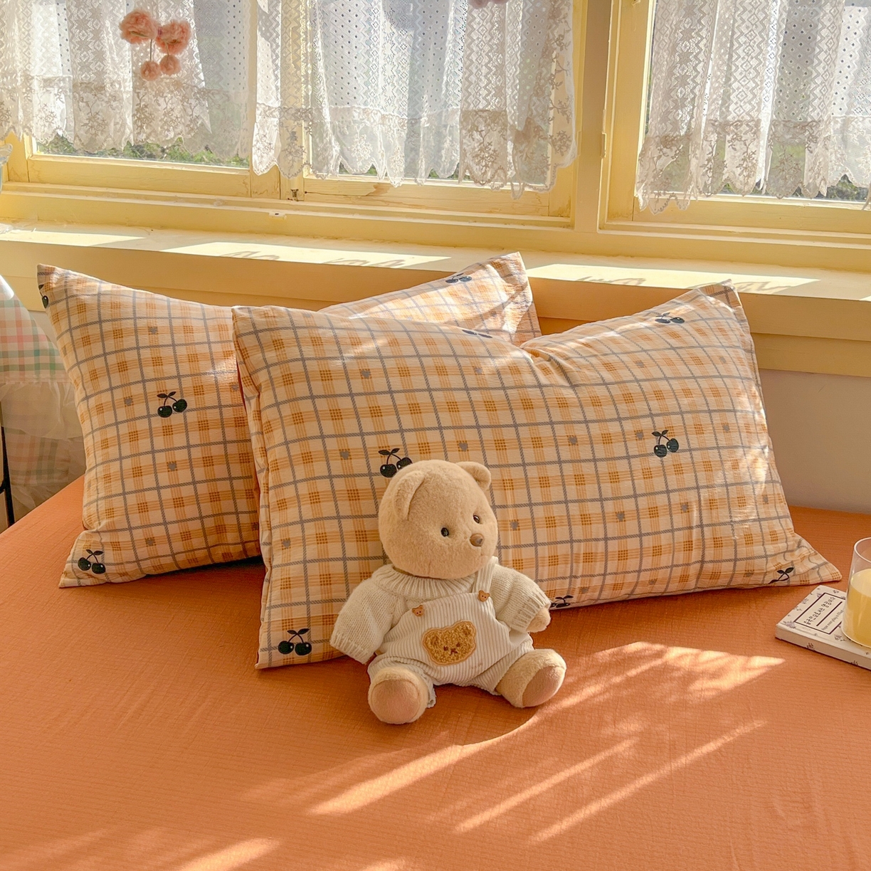 91家纺网 家纺一手货源 找家纺 玉海棠家纺 2025新款双层皱皱纱四件套 焦糖樱桃