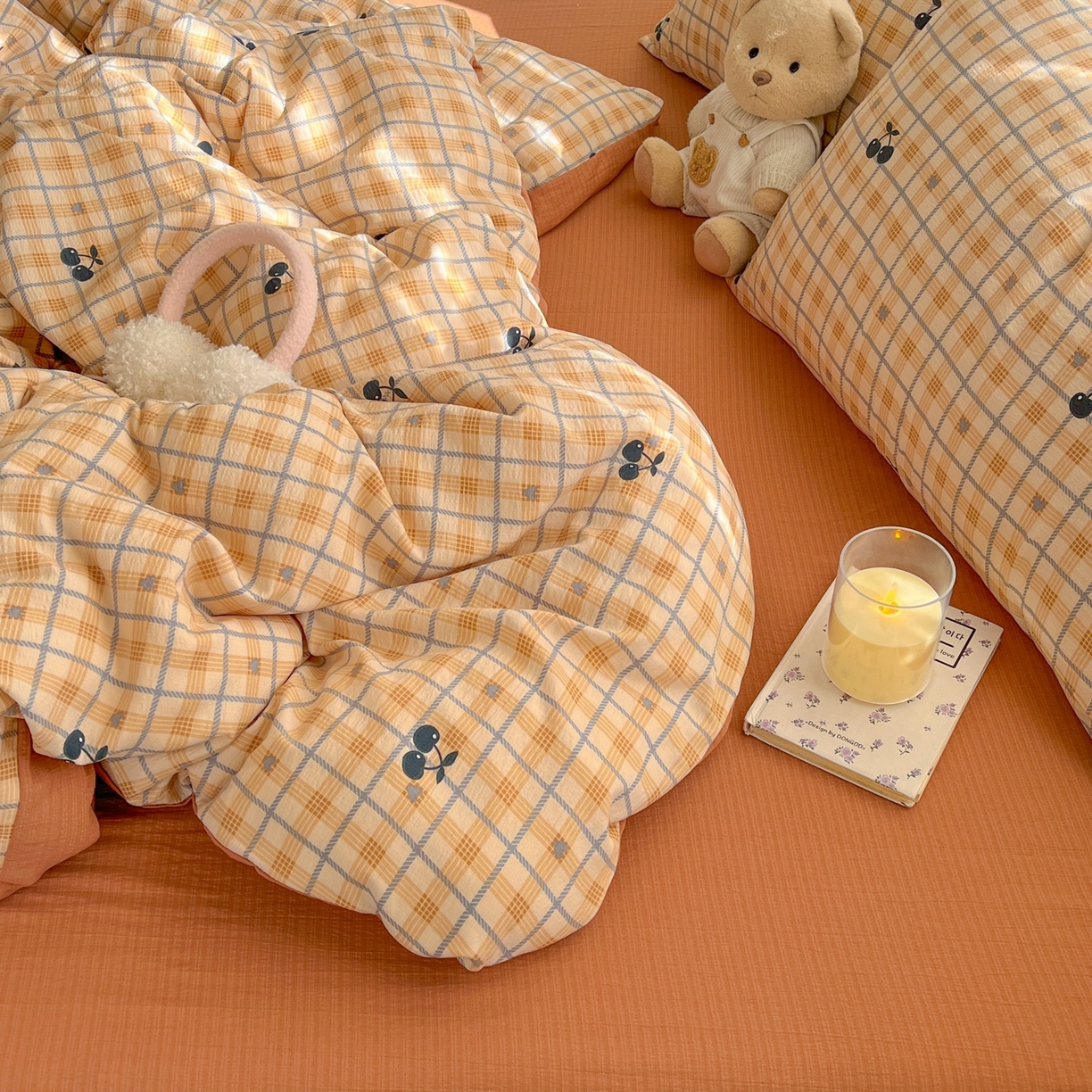 91家纺网 家纺一手货源 找家纺 玉海棠家纺 2025新款双层皱皱纱四件套 焦糖樱桃