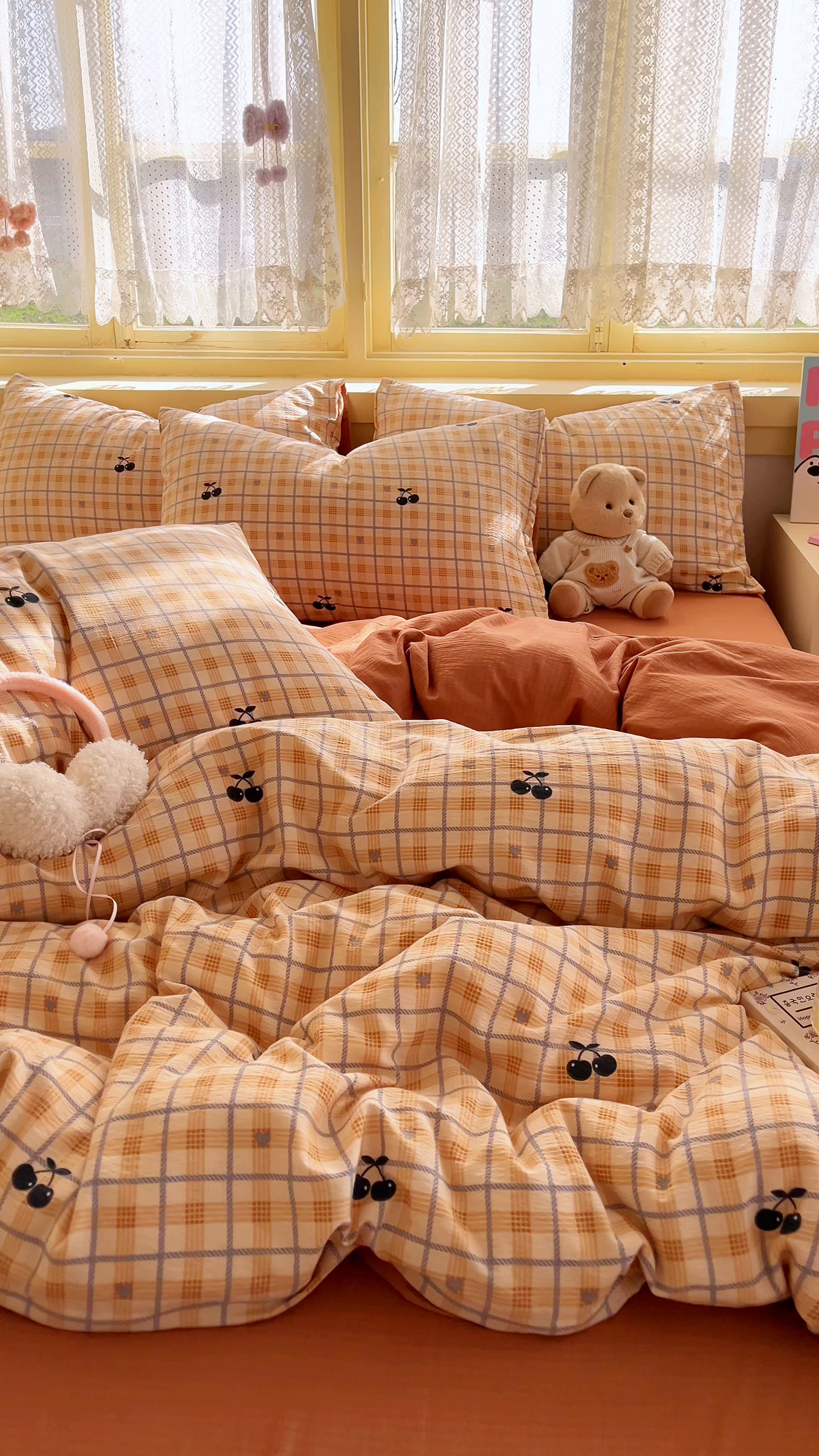 91家纺网 家纺一手货源 找家纺 玉海棠家纺 2025新款双层皱皱纱四件套 焦糖樱桃