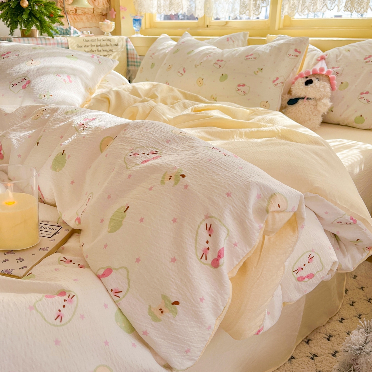 玉海棠家纺 2025新款双层皱皱纱四件套 奶芙芙