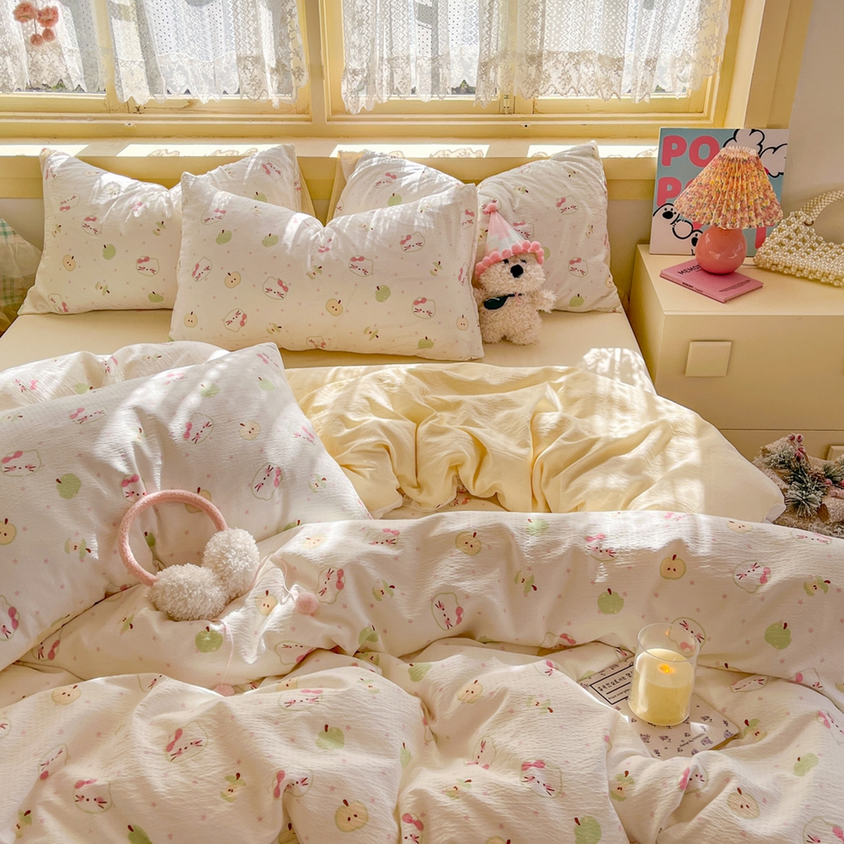 91家纺网 家纺一手货源 找家纺 玉海棠家纺 2025新款双层皱皱纱四件套 奶芙芙