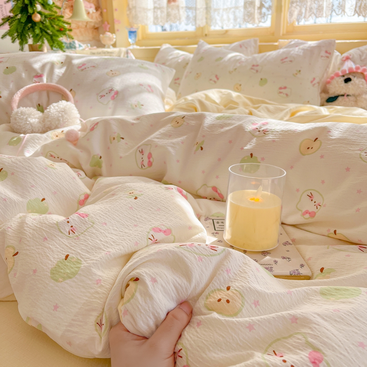 91家纺网 家纺一手货源 找家纺 玉海棠家纺 2025新款双层皱皱纱四件套 奶芙芙