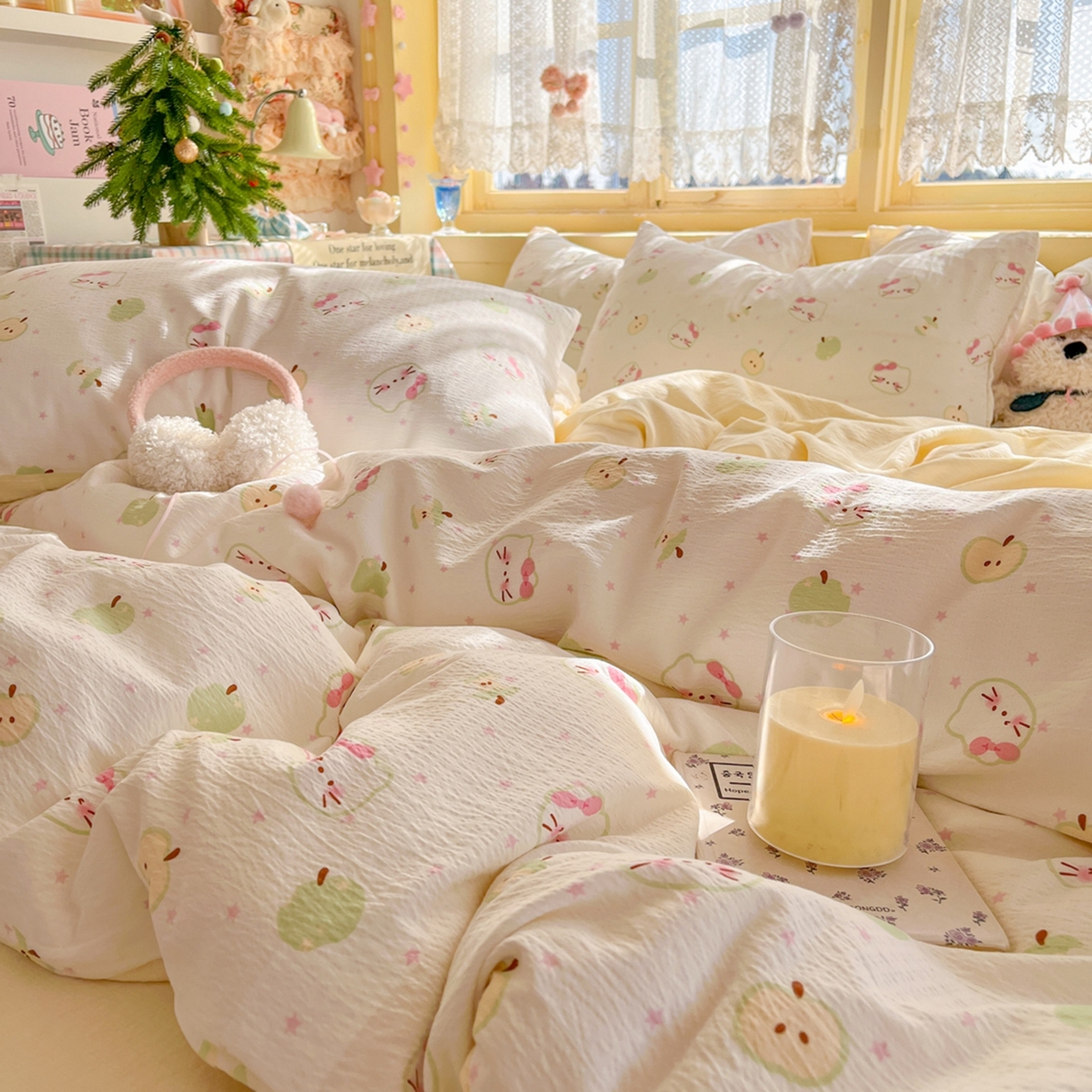 91家纺网 家纺一手货源 找家纺 玉海棠家纺 2025新款双层皱皱纱四件套 奶芙芙