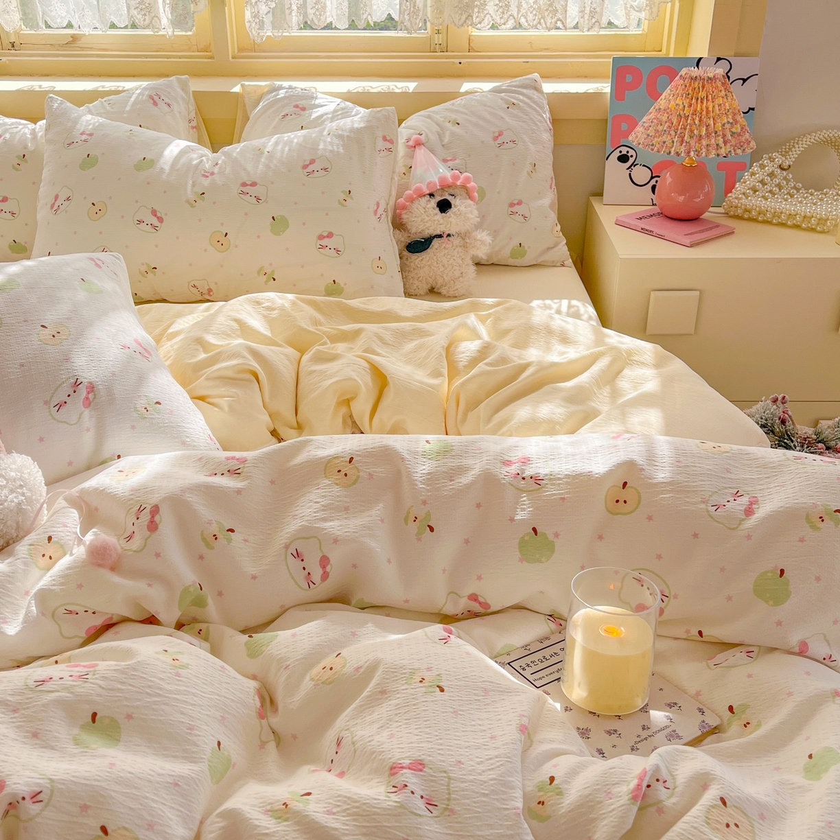 91家纺网 家纺一手货源 找家纺 玉海棠家纺 2025新款双层皱皱纱四件套 奶芙芙