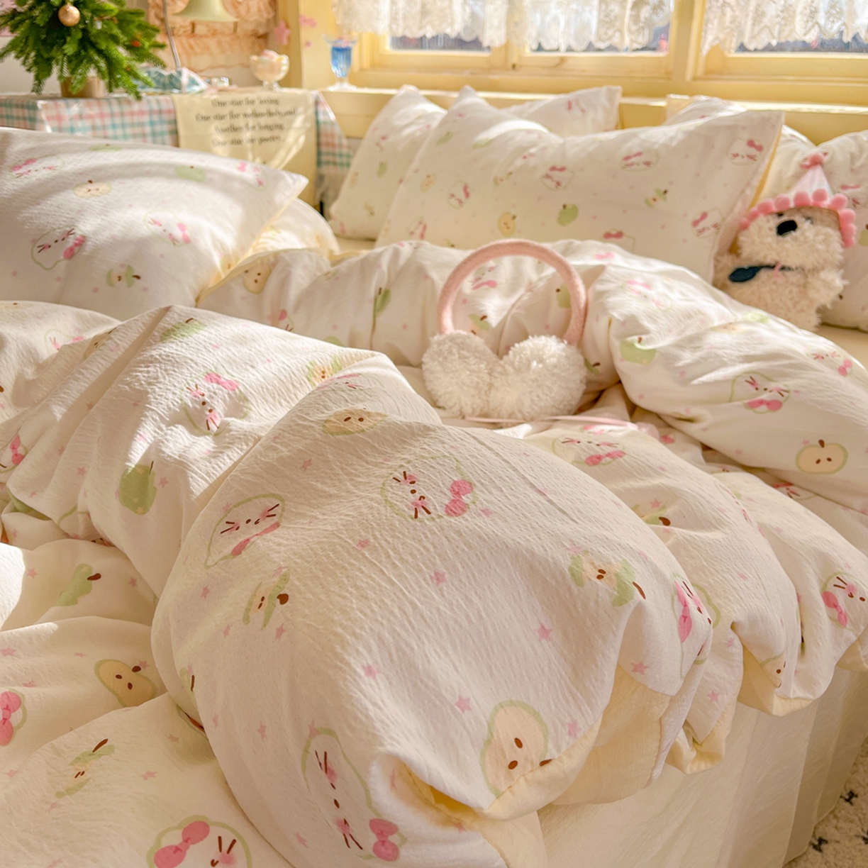 91家纺网 家纺一手货源 找家纺 玉海棠家纺 2025新款双层皱皱纱四件套 奶芙芙