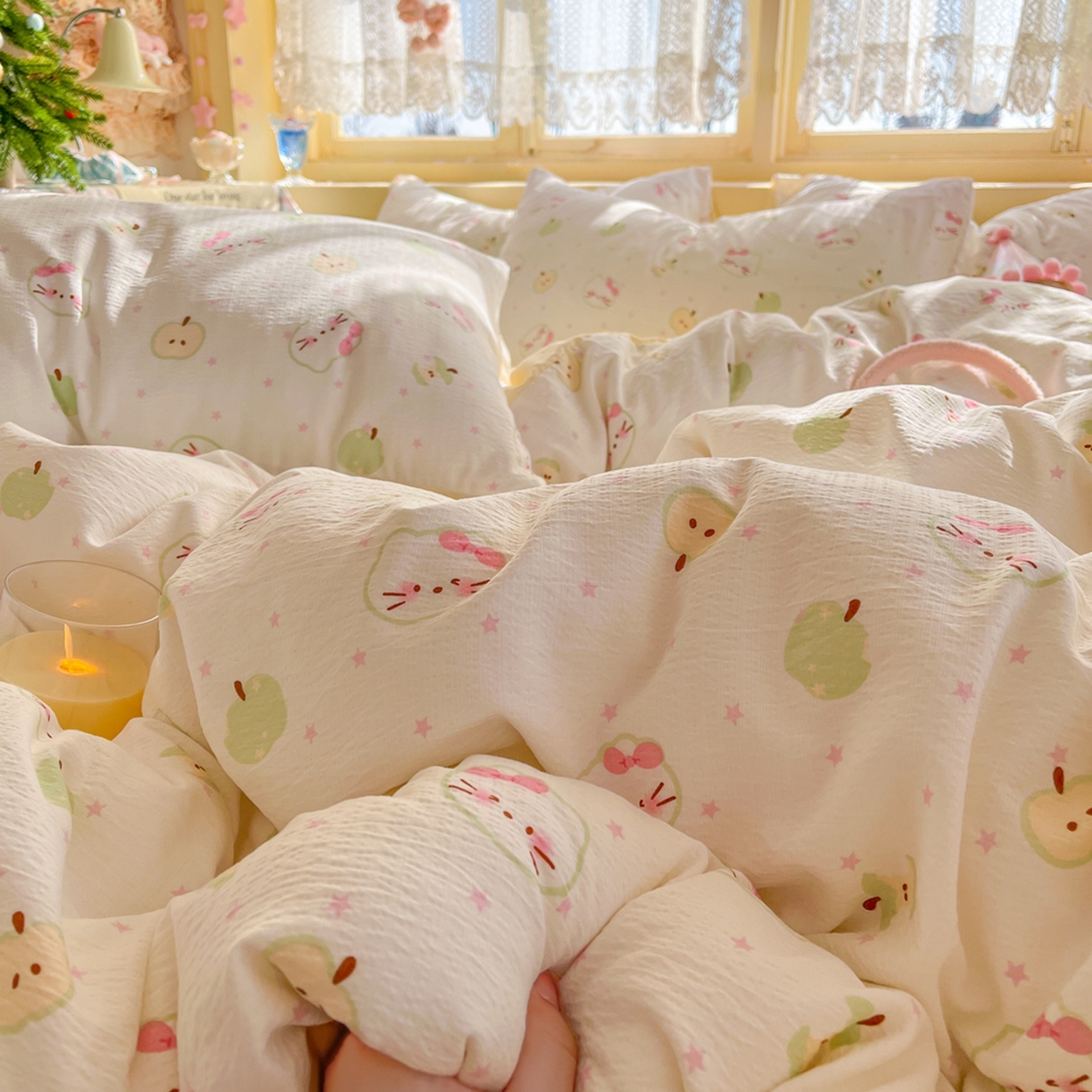 91家纺网 家纺一手货源 找家纺 玉海棠家纺 2025新款双层皱皱纱四件套 奶芙芙