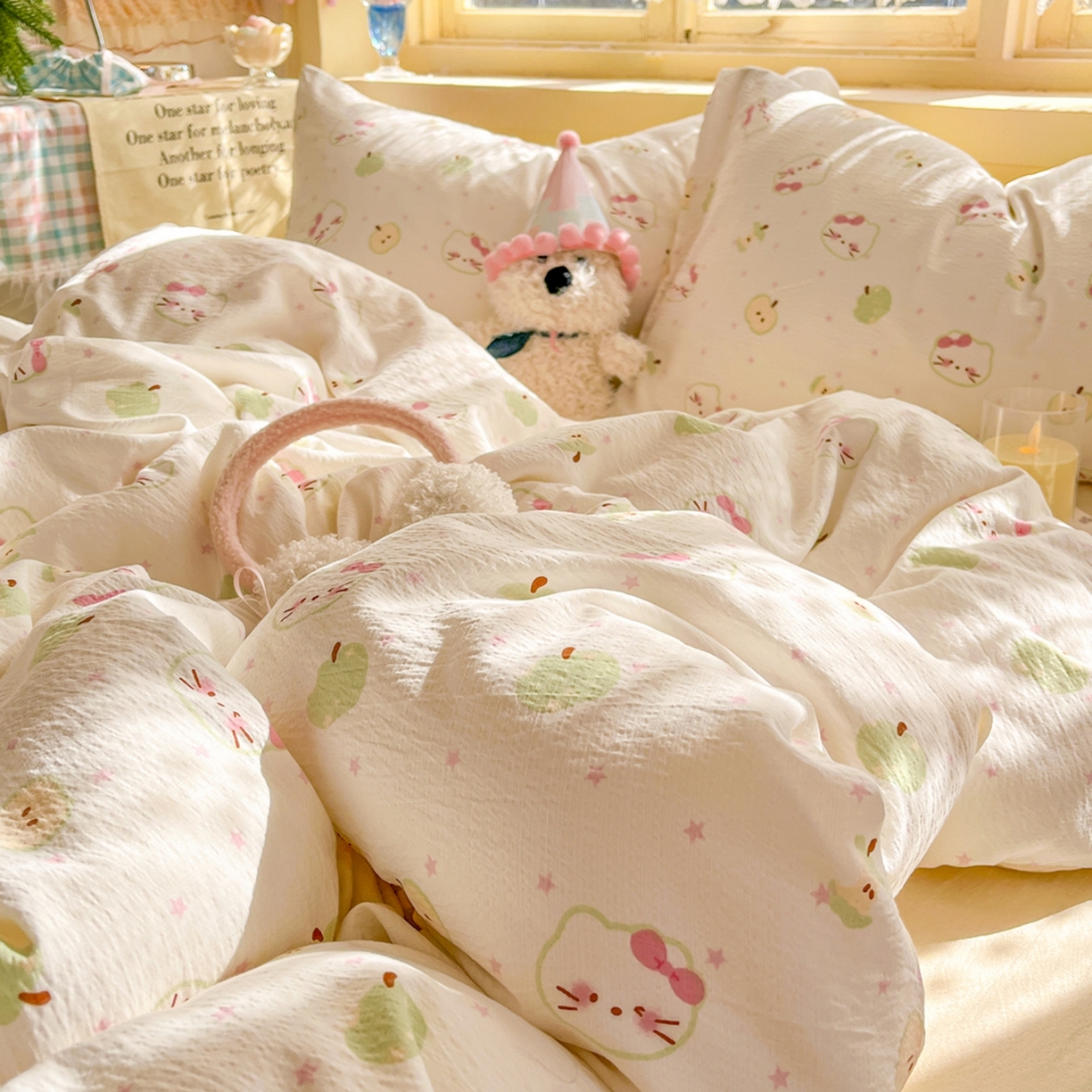 91家纺网 家纺一手货源 找家纺 玉海棠家纺 2025新款双层皱皱纱四件套 奶芙芙