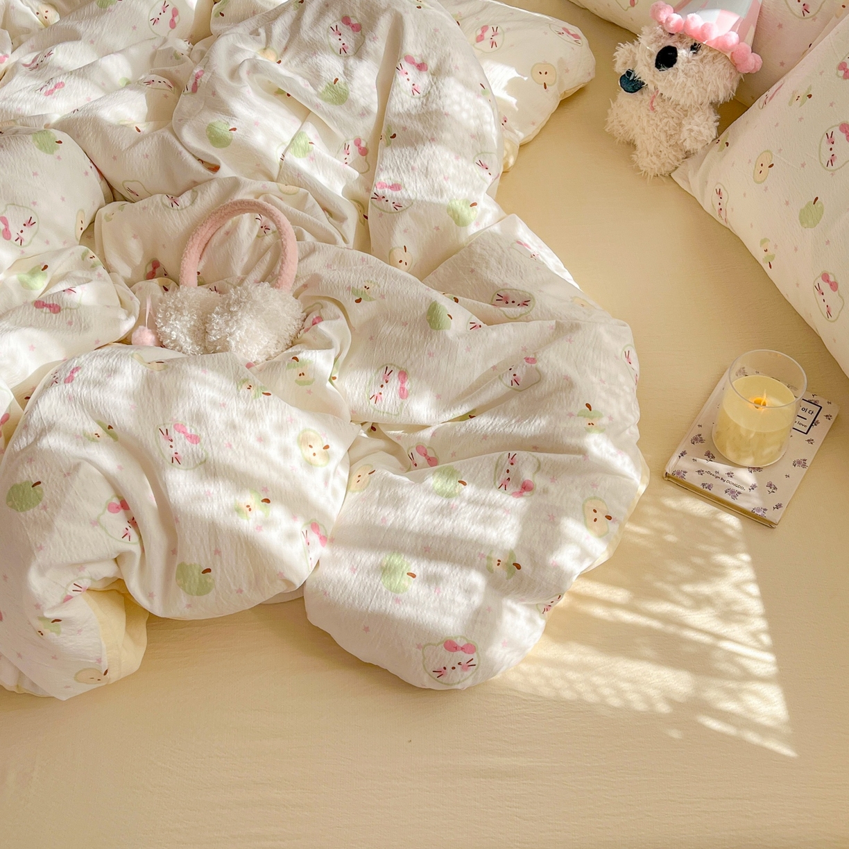 91家纺网 家纺一手货源 找家纺 玉海棠家纺 2025新款双层皱皱纱四件套 奶芙芙