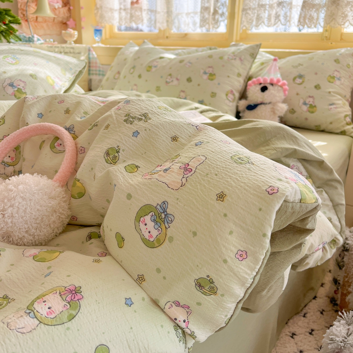 玉海棠家纺 2025新款双层皱皱纱四件套 青苹果乐园