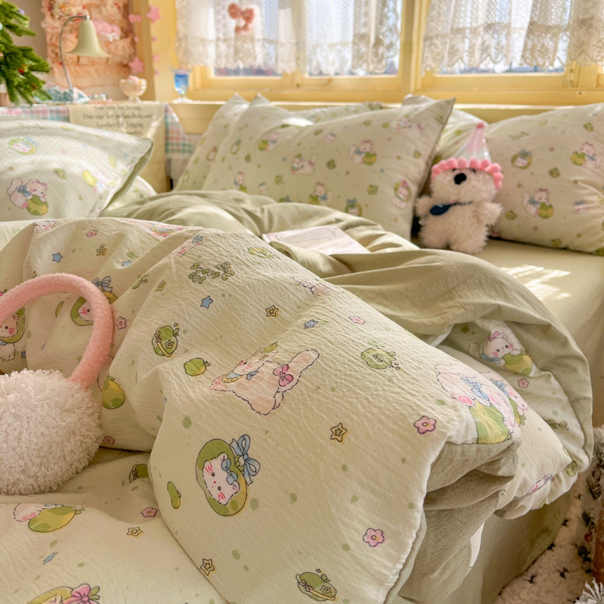 91家纺网 家纺一手货源 找家纺 玉海棠家纺 2025新款双层皱皱纱四件套 青苹果乐园