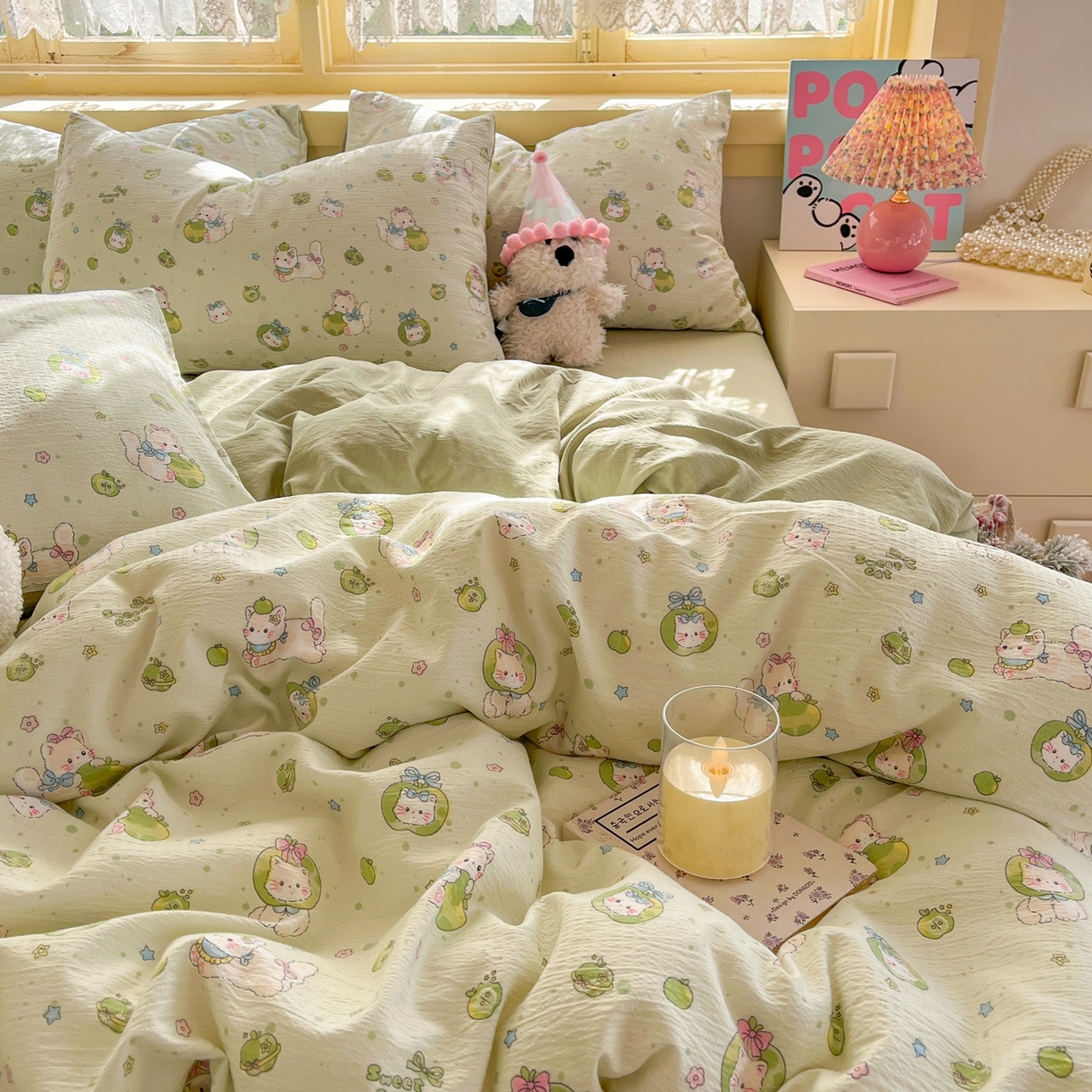 91家纺网 家纺一手货源 找家纺 玉海棠家纺 2025新款双层皱皱纱四件套 青苹果乐园