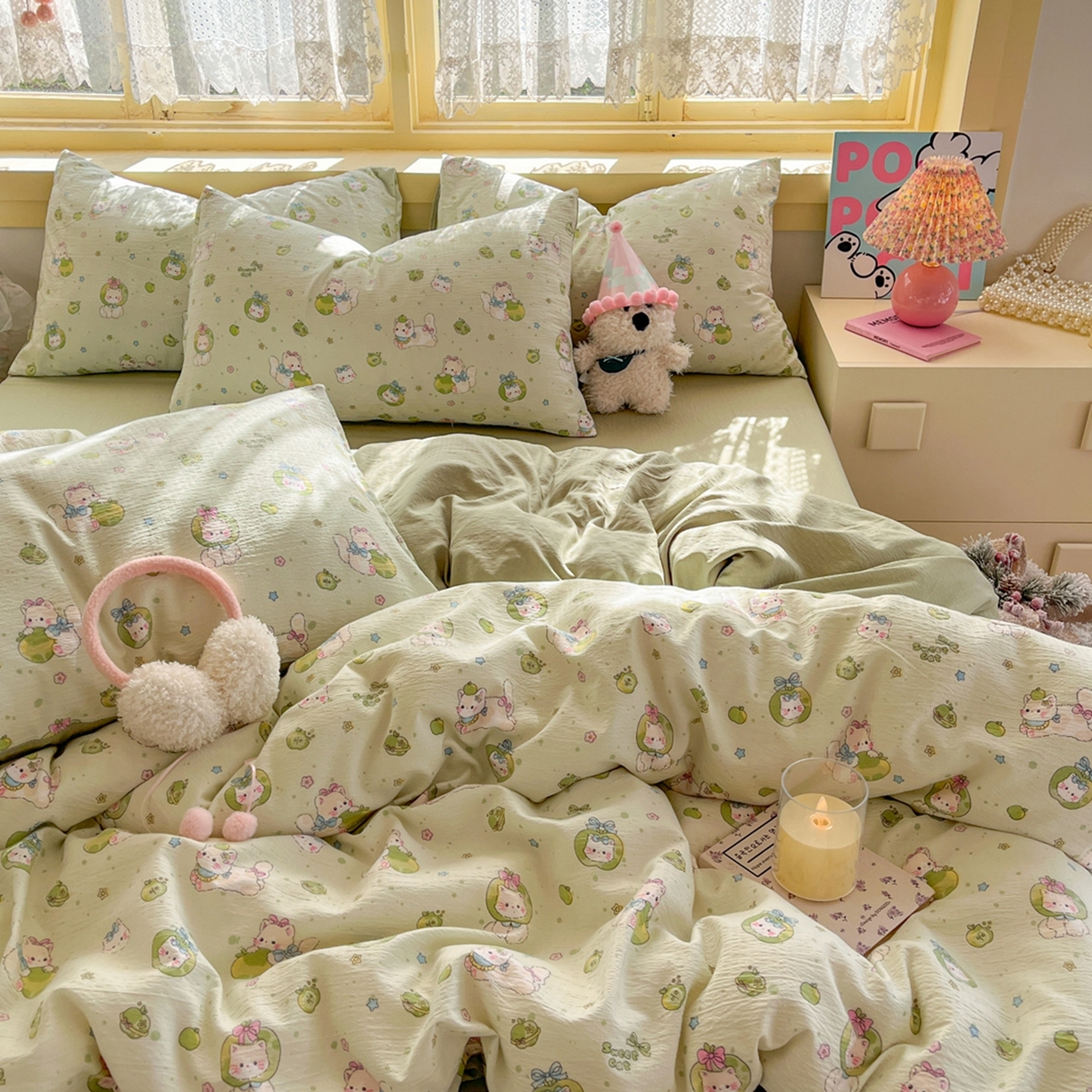 91家纺网 家纺一手货源 找家纺 玉海棠家纺 2025新款双层皱皱纱四件套 青苹果乐园