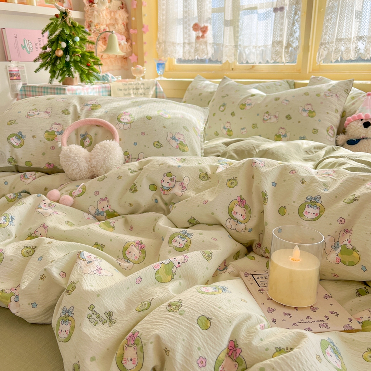 91家纺网 家纺一手货源 找家纺 玉海棠家纺 2025新款双层皱皱纱四件套 青苹果乐园