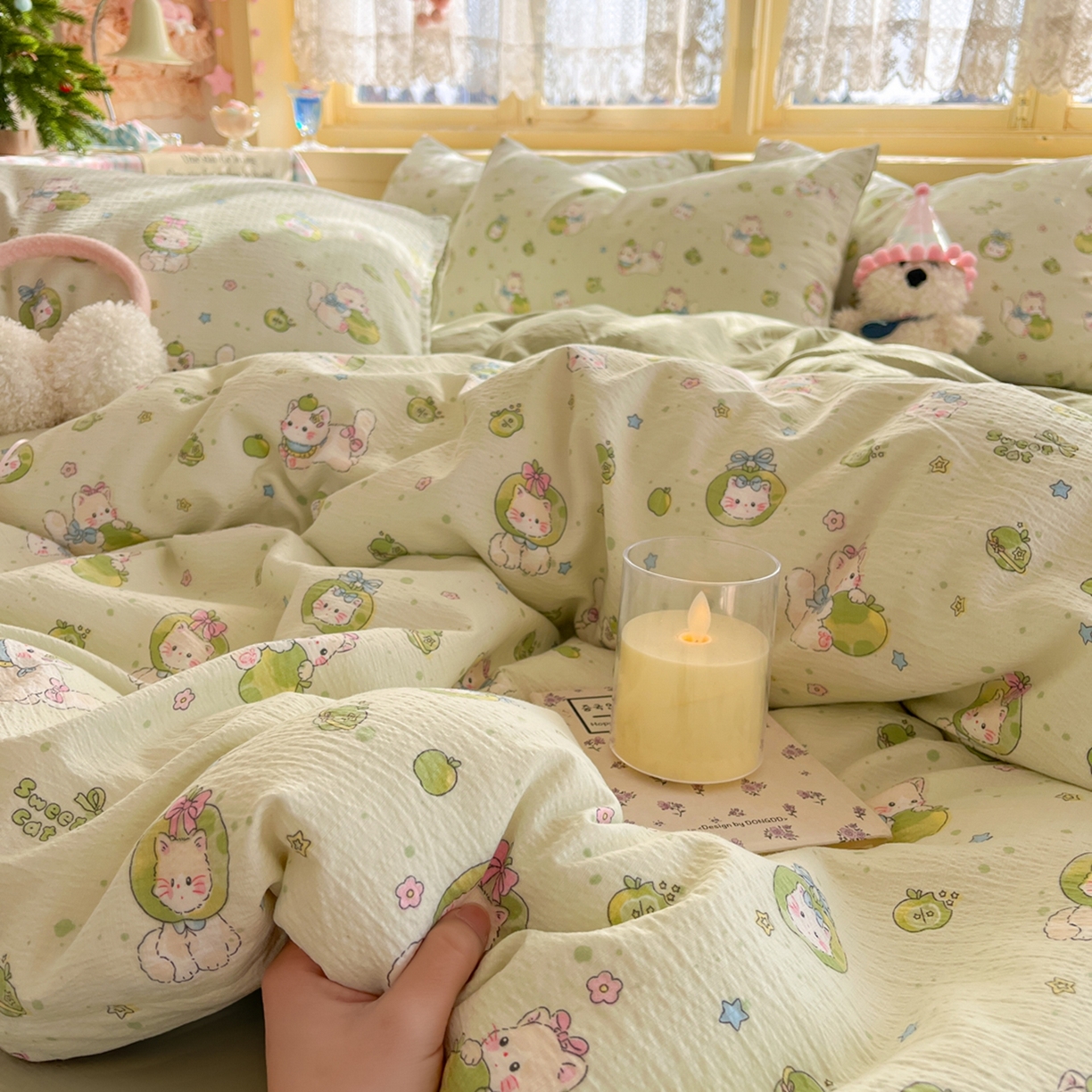 91家纺网 家纺一手货源 找家纺 玉海棠家纺 2025新款双层皱皱纱四件套 青苹果乐园