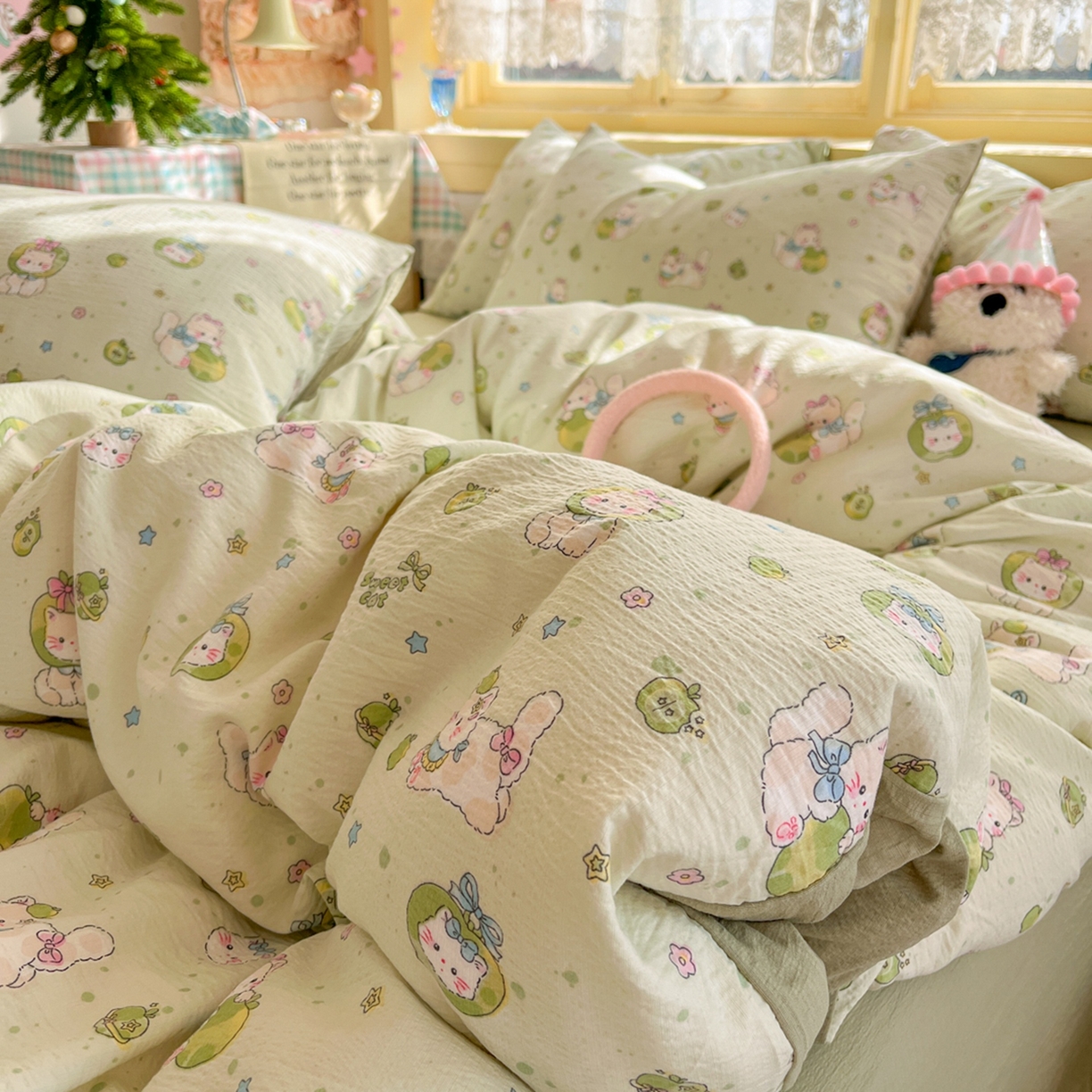 91家纺网 家纺一手货源 找家纺 玉海棠家纺 2025新款双层皱皱纱四件套 青苹果乐园