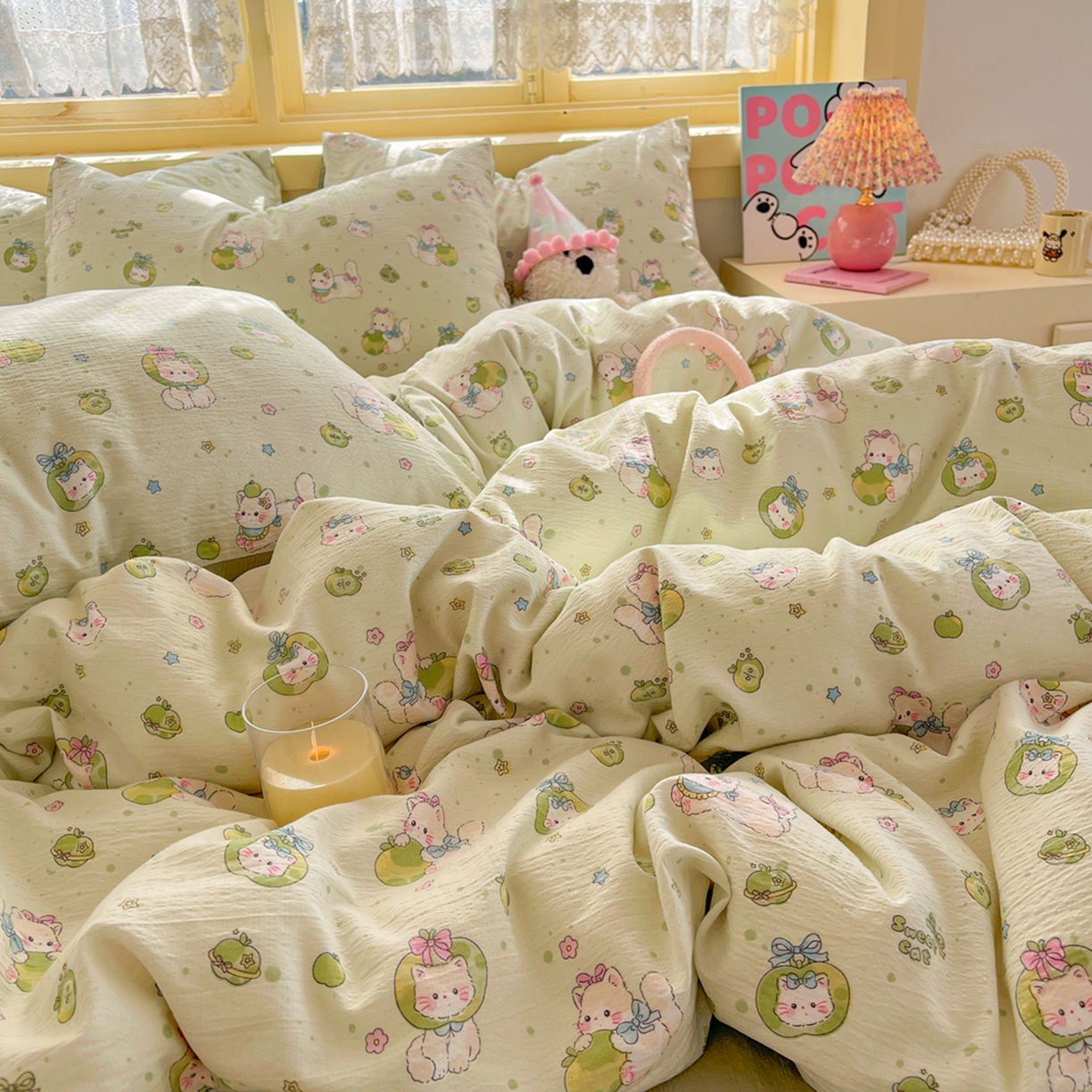 91家纺网 家纺一手货源 找家纺 玉海棠家纺 2025新款双层皱皱纱四件套 青苹果乐园