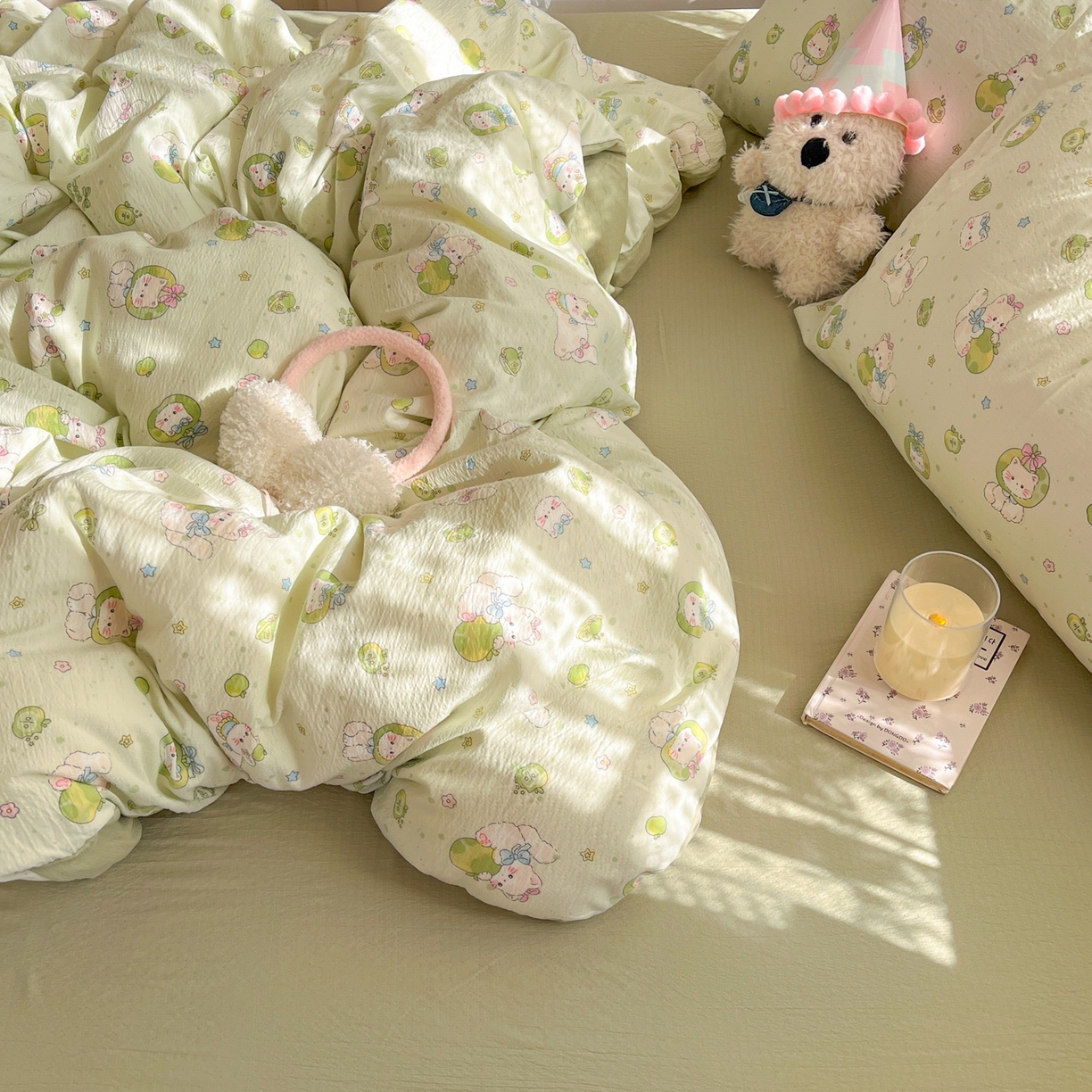 91家纺网 家纺一手货源 找家纺 玉海棠家纺 2025新款双层皱皱纱四件套 青苹果乐园