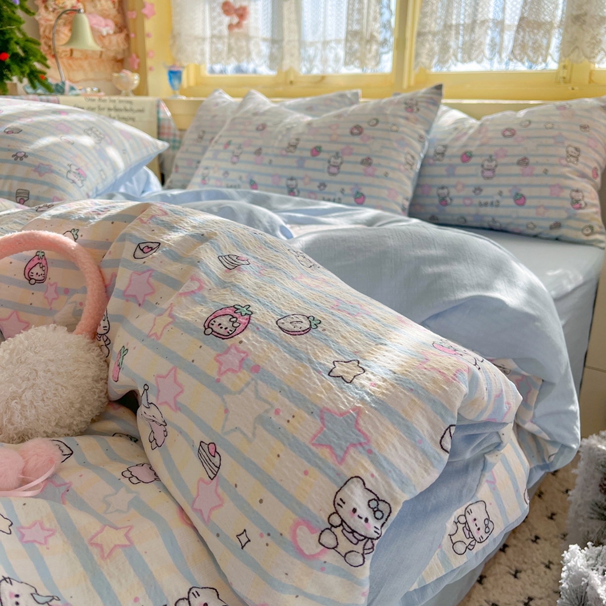 玉海棠家纺 2025新款双层皱皱纱四件套 星光草莓猫