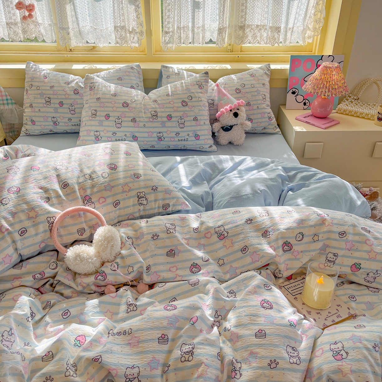 91家纺网 家纺一手货源 找家纺 玉海棠家纺 2025新款双层皱皱纱四件套 星光草莓猫