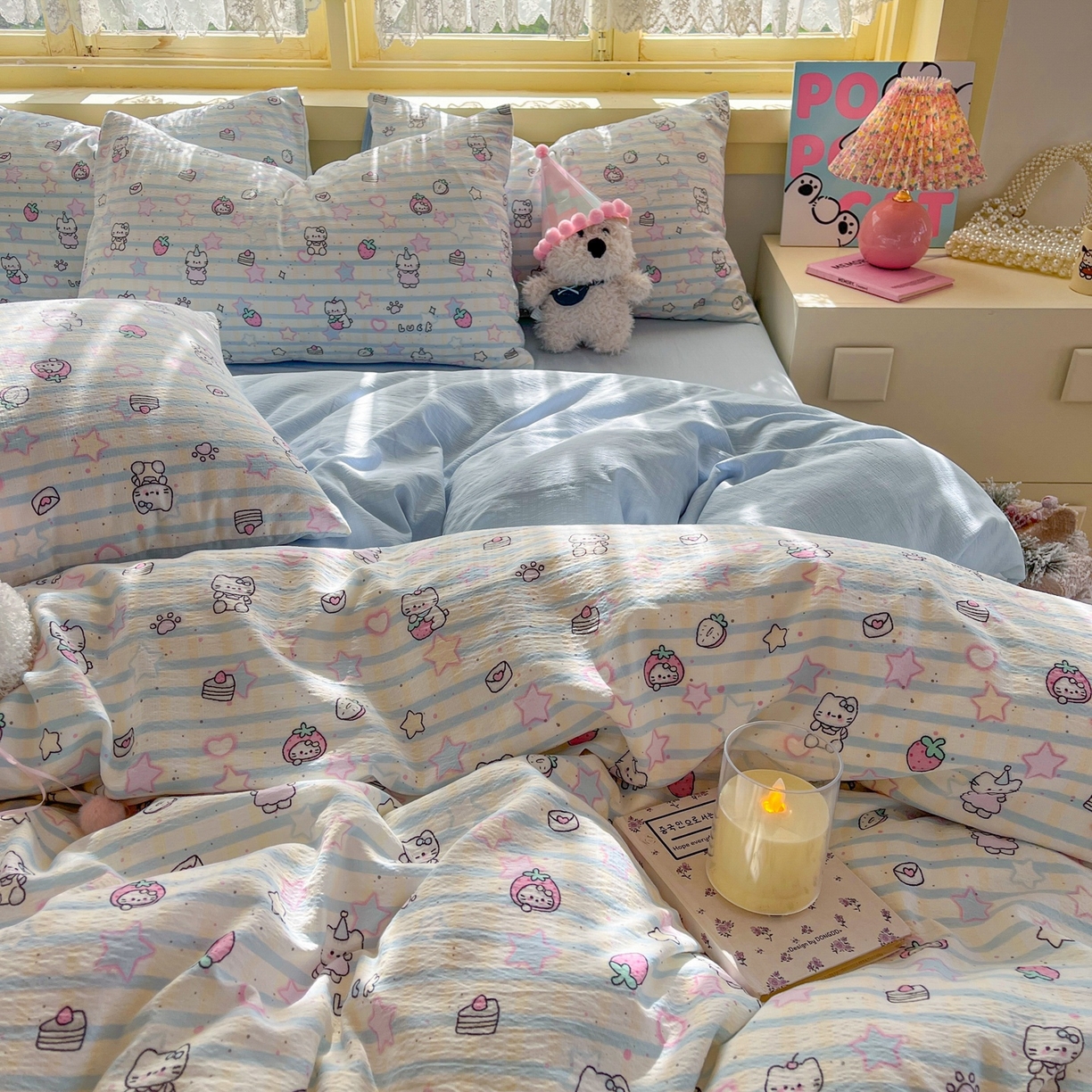 91家纺网 家纺一手货源 找家纺 玉海棠家纺 2025新款双层皱皱纱四件套 星光草莓猫